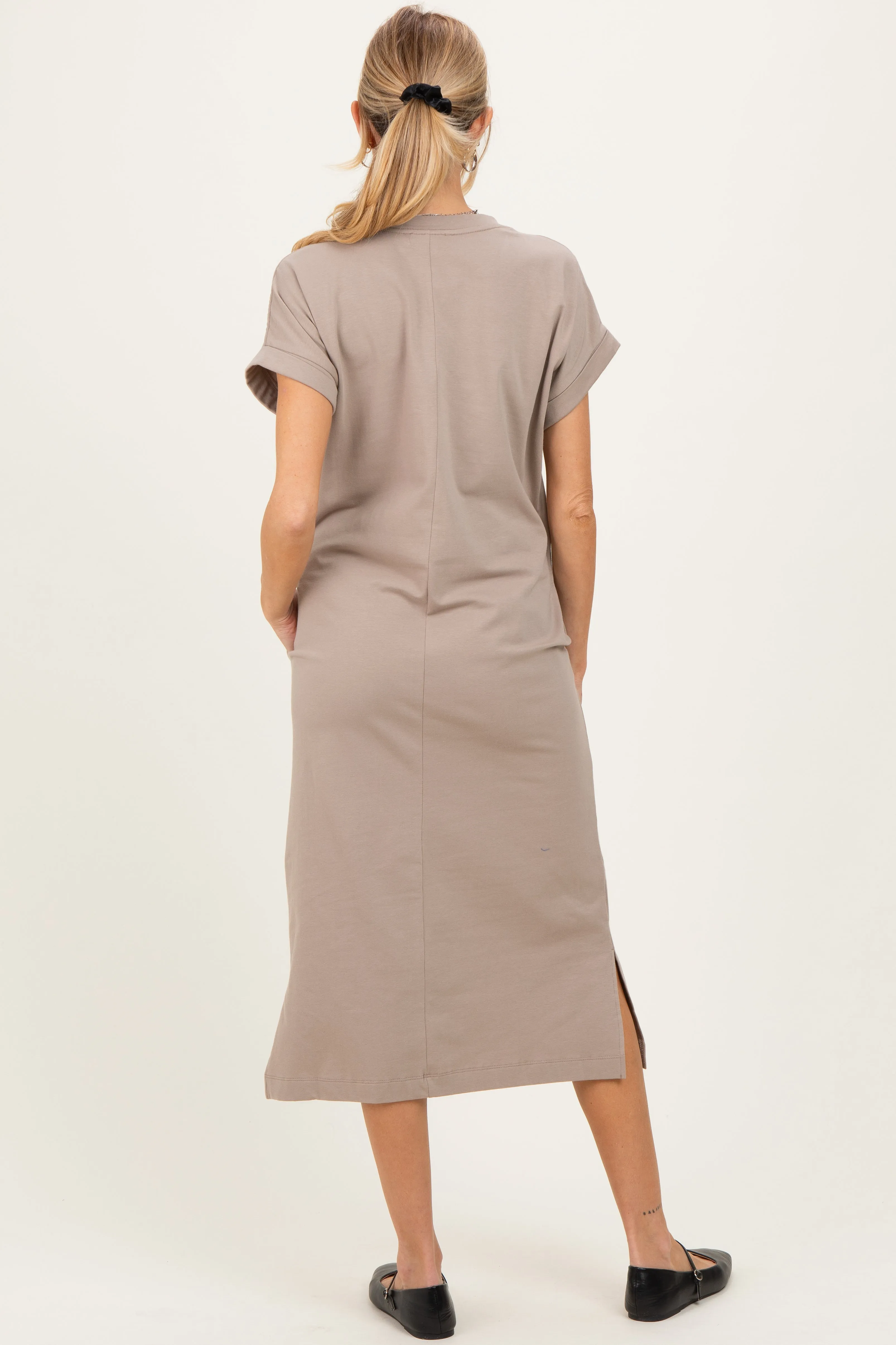 Beige Pocket Front Maternity Midi T-Shirt Dress sold by Pinkblush product image thumbnail 3