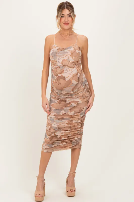 Camel Printed Ruched Sleeveless Maternity Midi Dress sold by Pinkblush