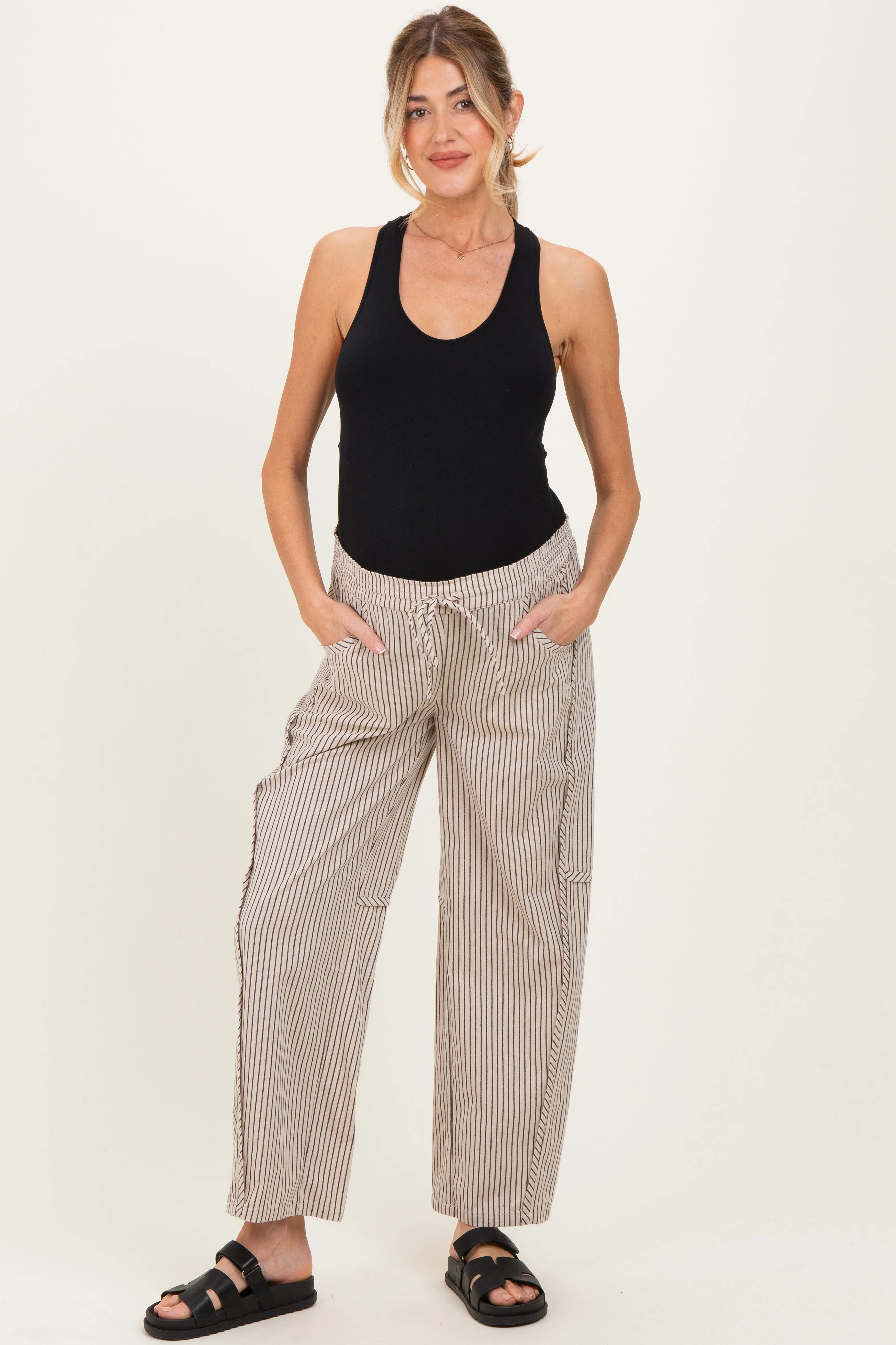 Beige Striped Barrel Maternity Pants sold by Pinkblush