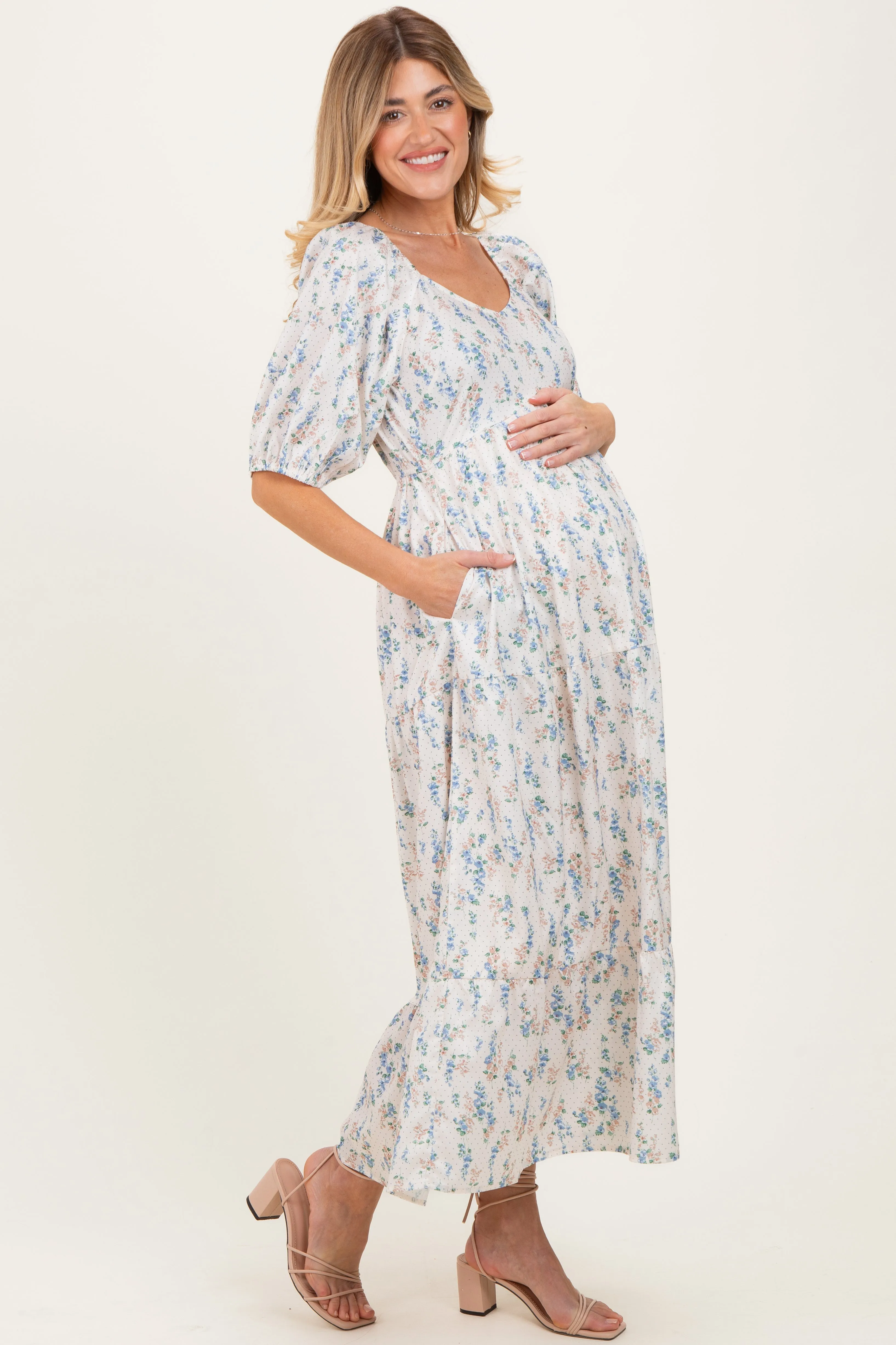 Cream Floral Puff Sleeve Tiered Maternity Maxi Dress sold by Pinkblush product image thumbnail 3