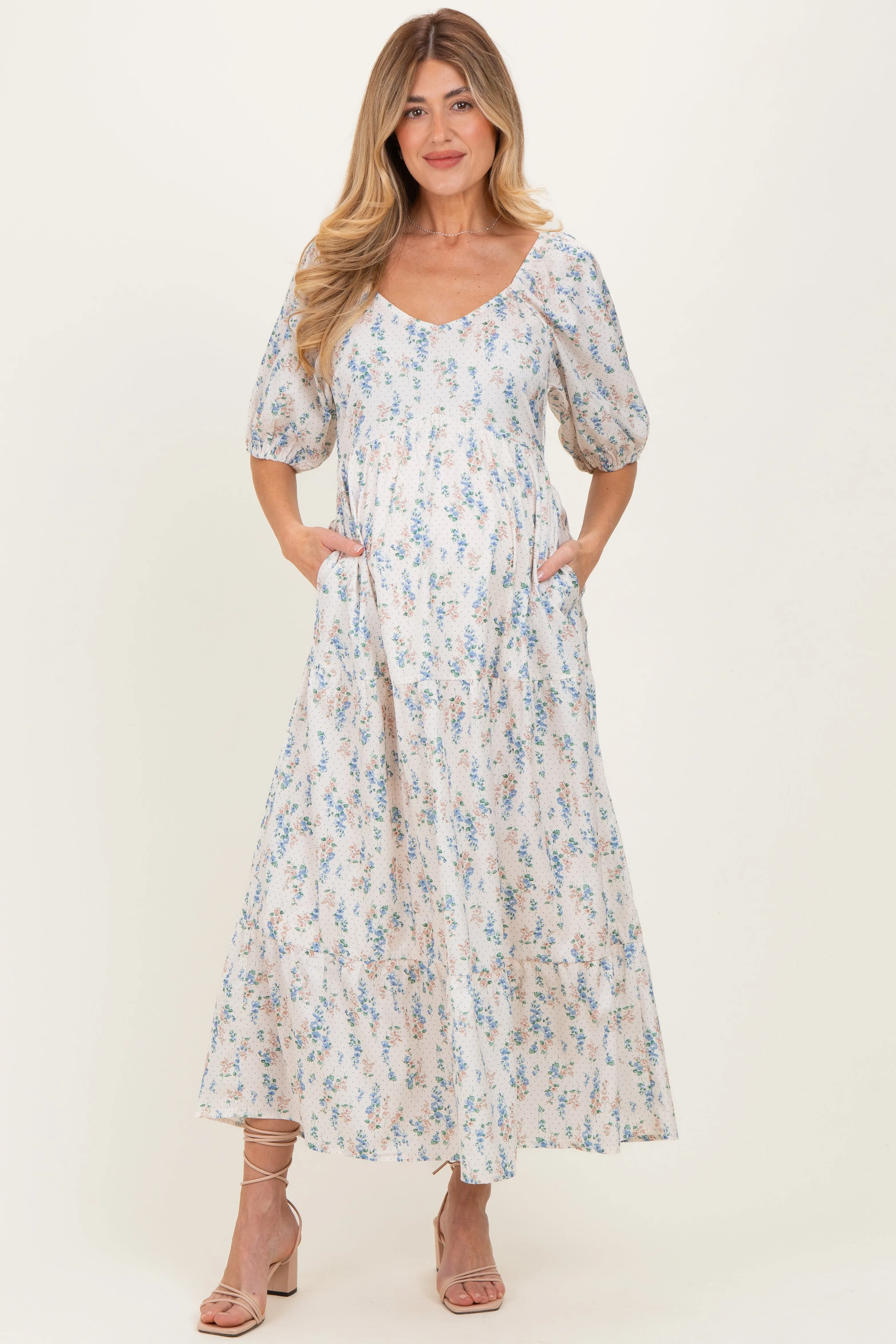 Cream Floral Puff Sleeve Tiered Maternity Maxi Dress sold by Pinkblush