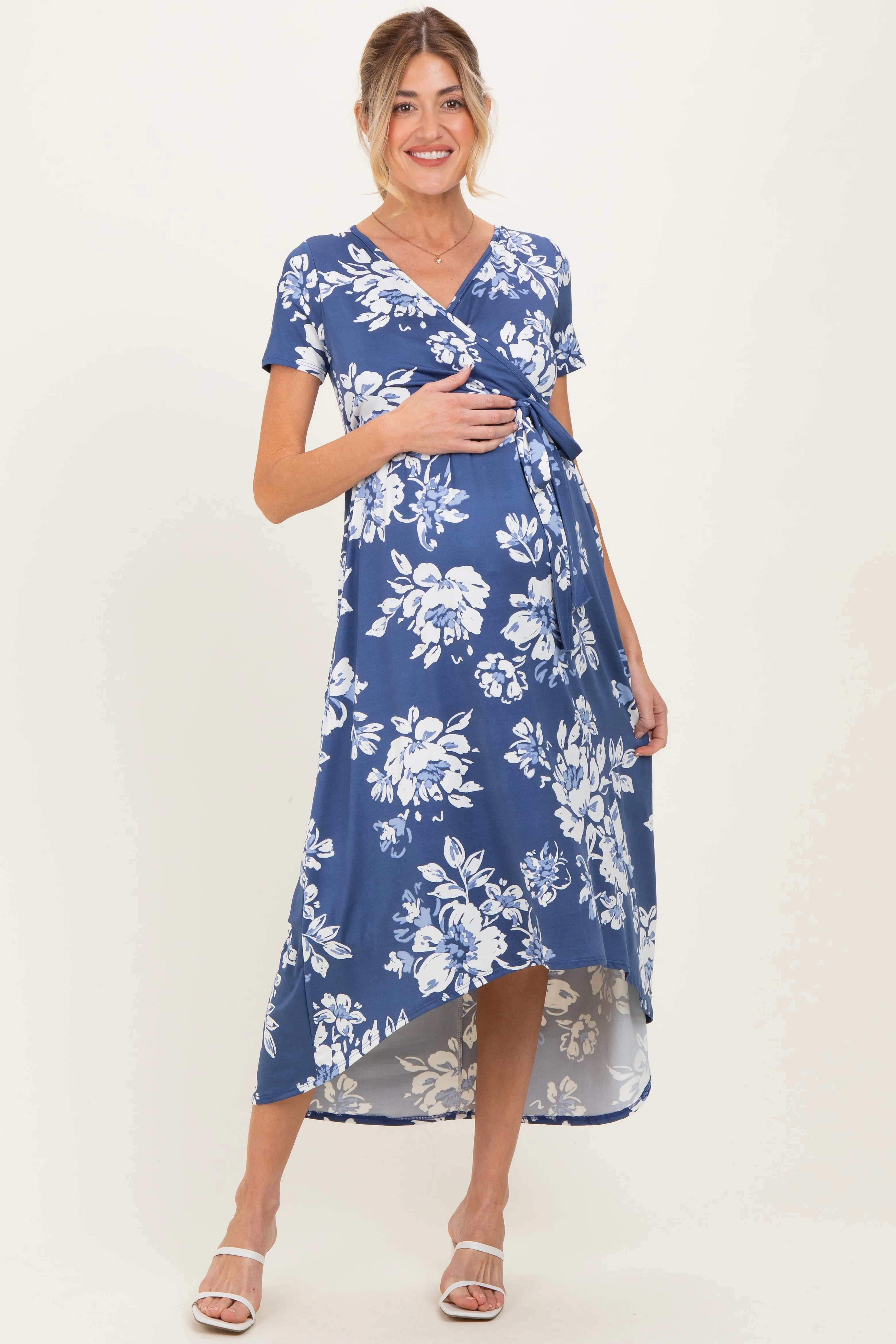 Denim Blue Floral Print Short Sleeve Hi-Low Maternity Wrap Dress sold by Pinkblush product image thumbnail 2