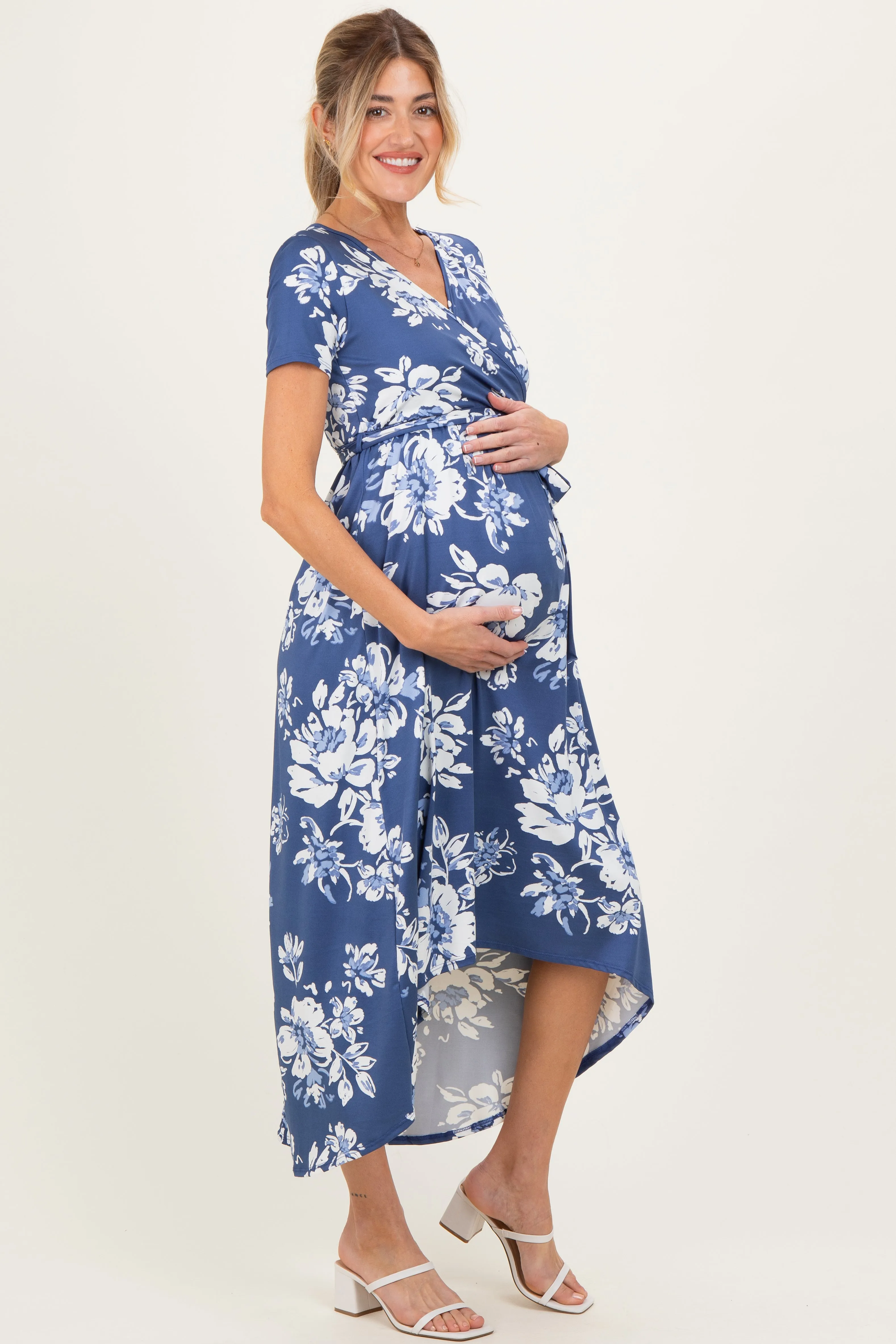 Denim Blue Floral Print Short Sleeve Hi-Low Maternity Wrap Dress sold by Pinkblush product image thumbnail 3