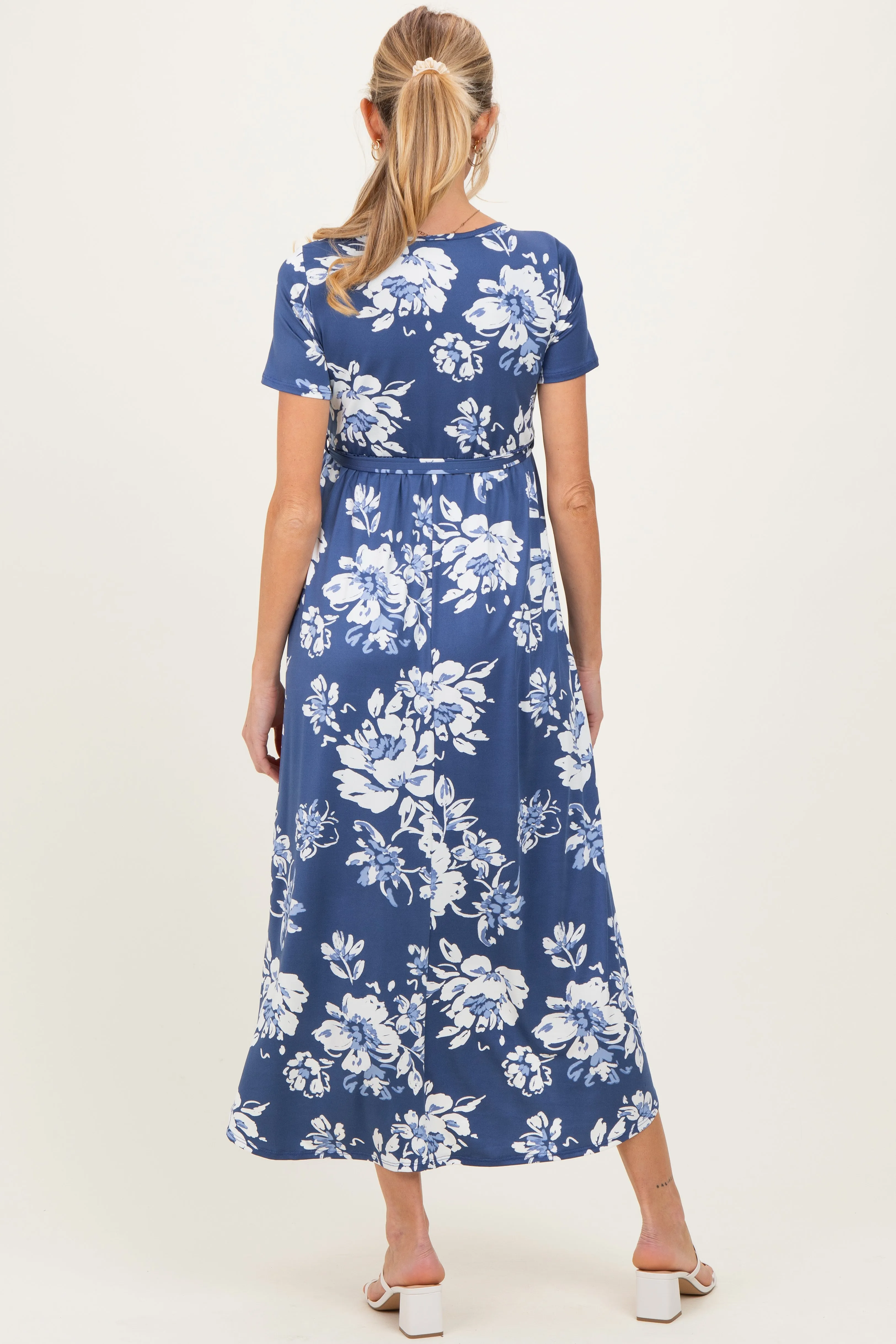 Denim Blue Floral Print Short Sleeve Hi-Low Maternity Wrap Dress sold by Pinkblush product image thumbnail 4