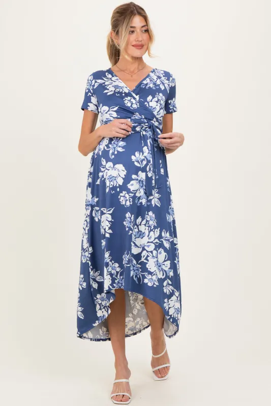 Denim Blue Floral Print Short Sleeve Hi-Low Maternity Wrap Dress sold by Pinkblush