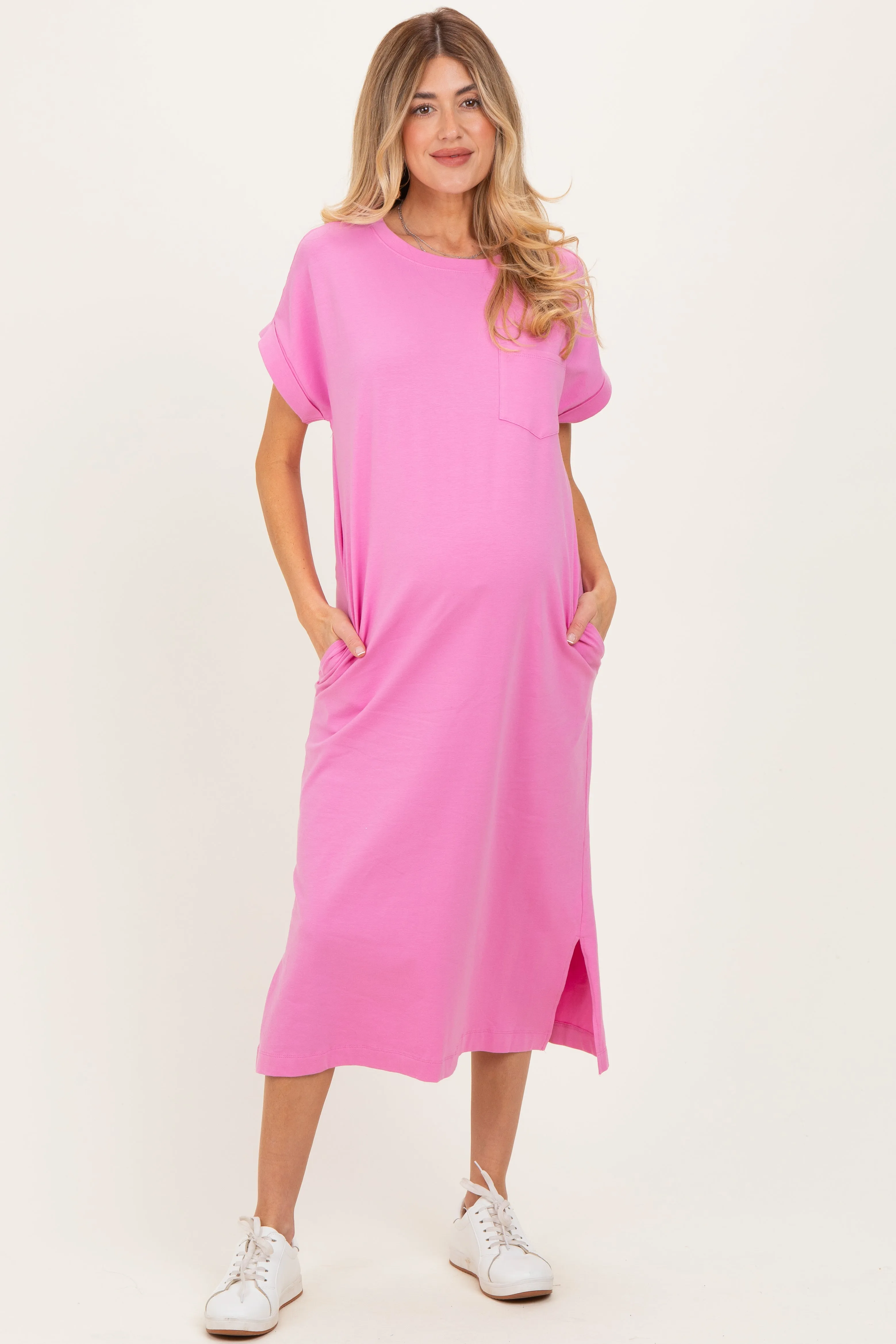 Pink Pocket Front Maternity Midi T-Shirt Dress sold by Pinkblush