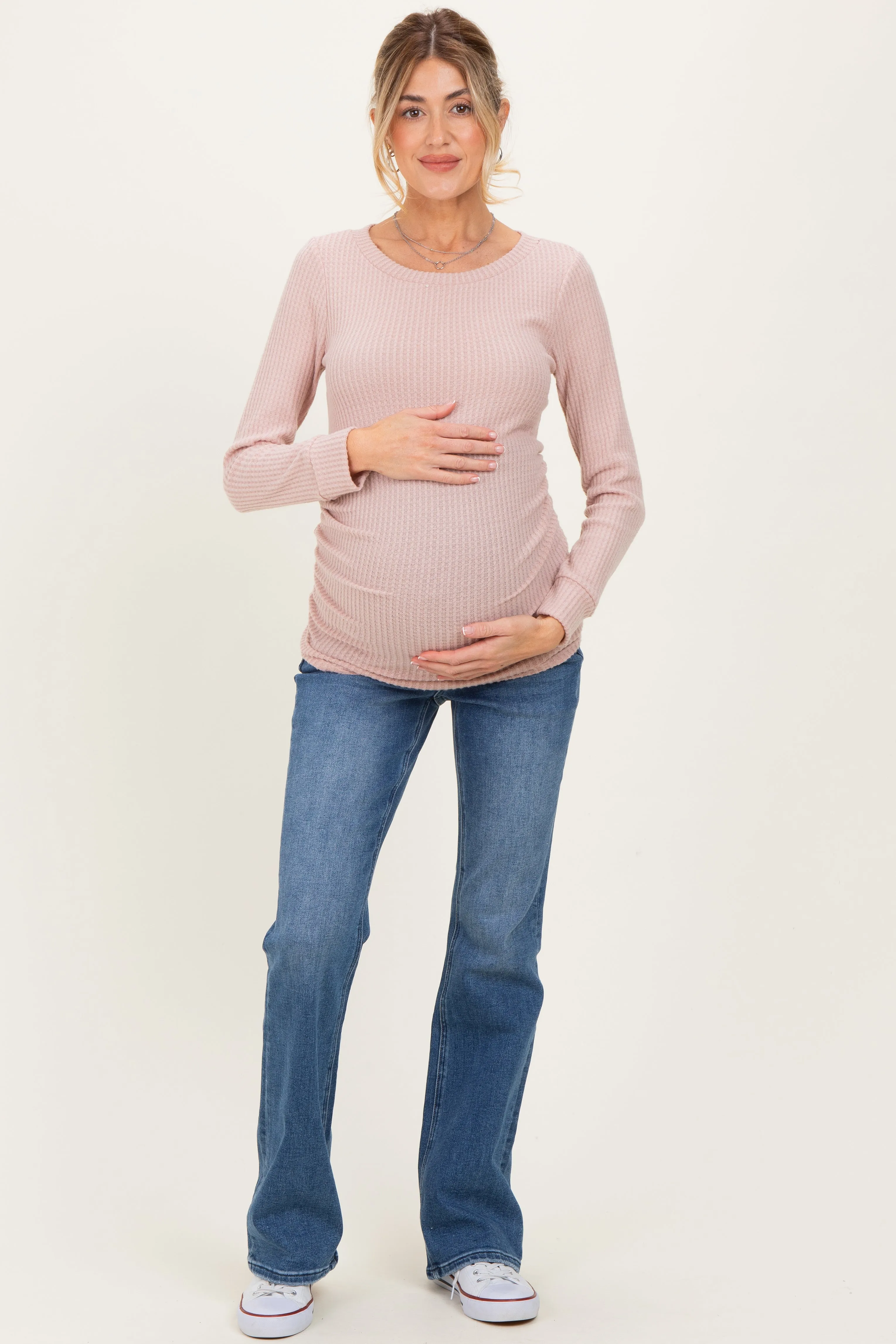 Mauve Waffle Knit Long Sleeve Ruched Maternity Tunic Top sold by Pinkblush product image thumbnail 2