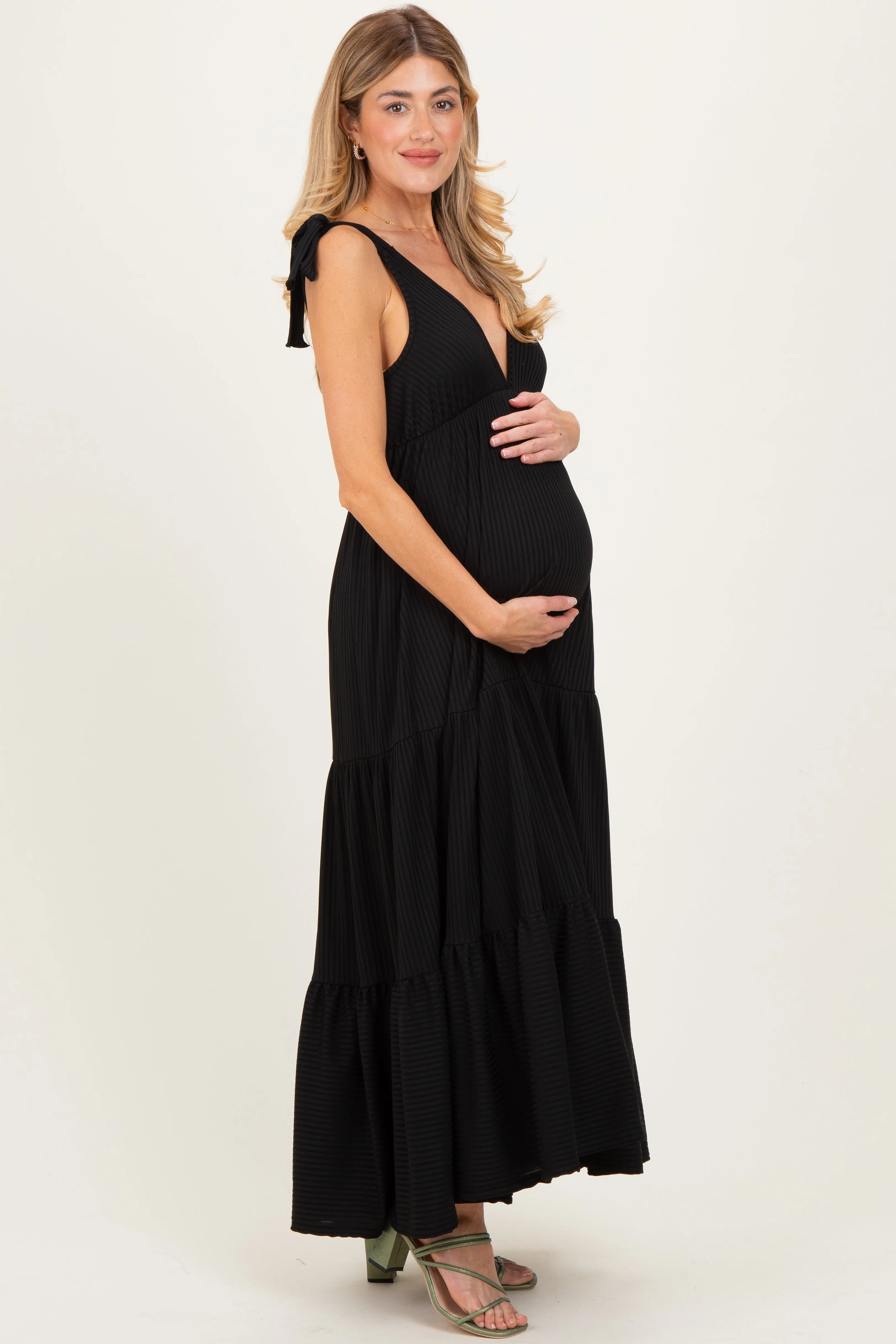 Black Shoulder Tie Ribbed Tiered Maternity Maxi Dress sold by Pinkblush product image thumbnail 3