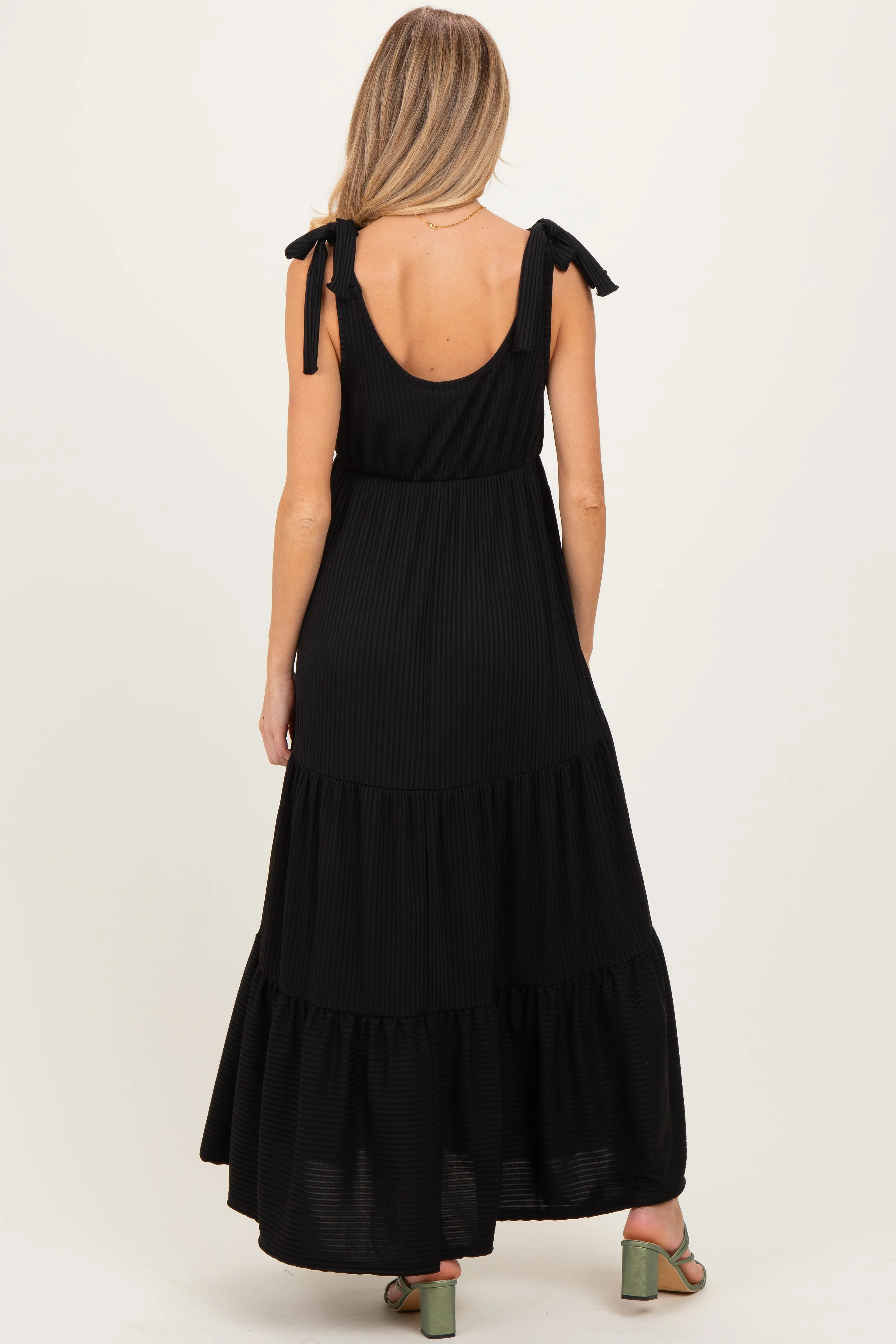 Black Shoulder Tie Ribbed Tiered Maternity Maxi Dress sold by Pinkblush product image thumbnail 4