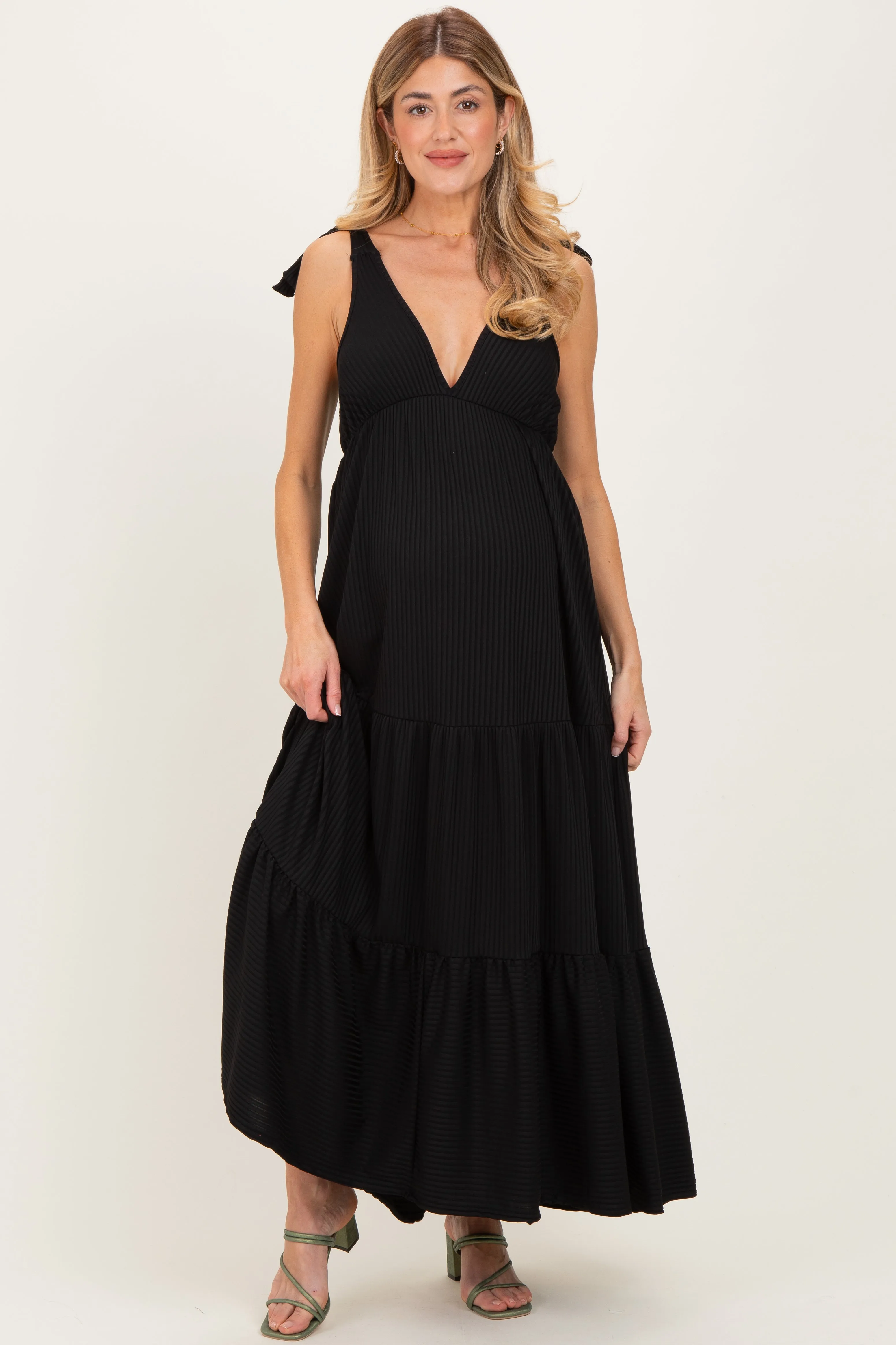 Black Shoulder Tie Ribbed Tiered Maternity Maxi Dress sold by Pinkblush