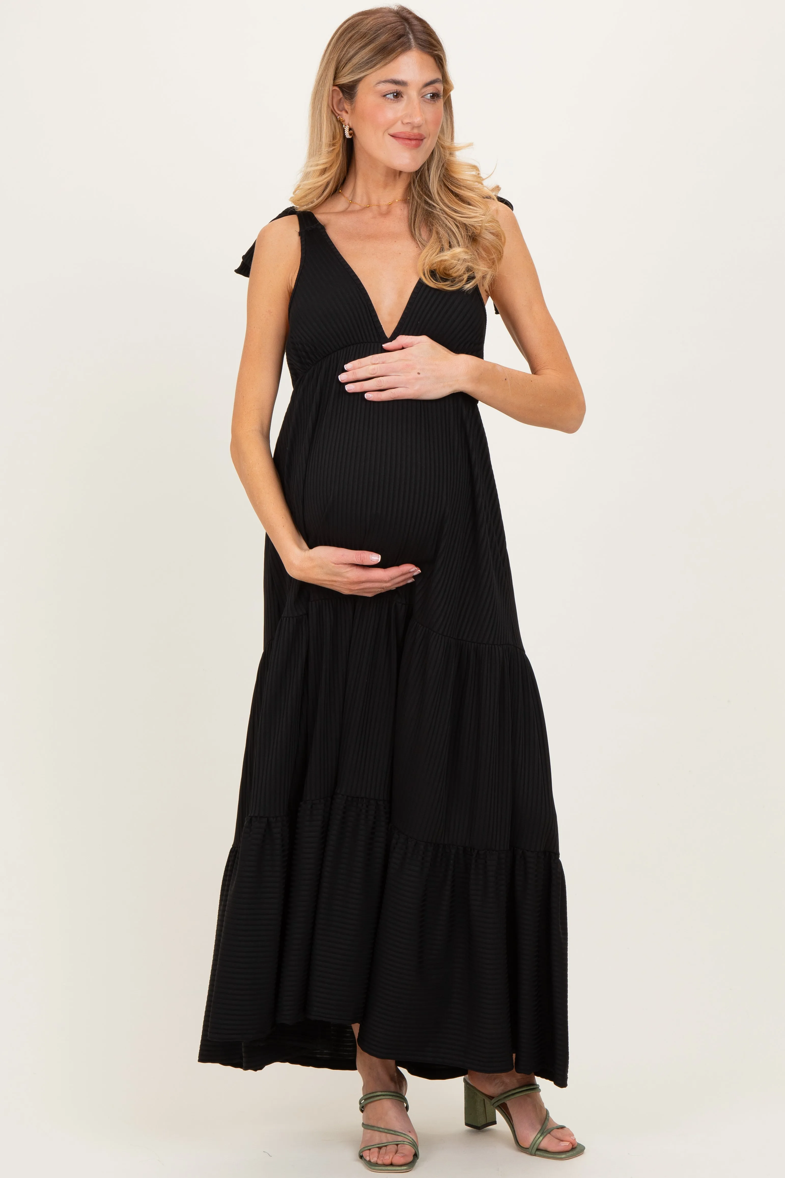 Black Shoulder Tie Ribbed Tiered Maternity Maxi Dress sold by Pinkblush product image thumbnail 2