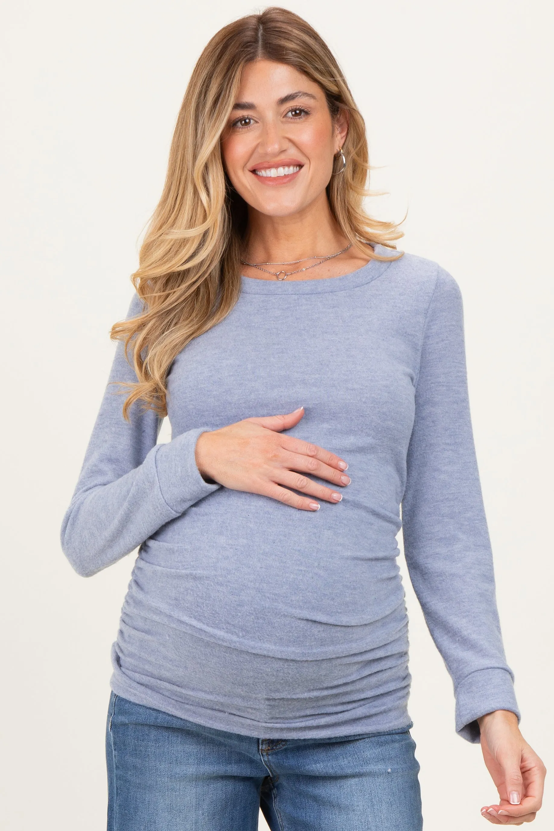 Light Blue Soft Knit Ruched Maternity Top sold by Pinkblush
