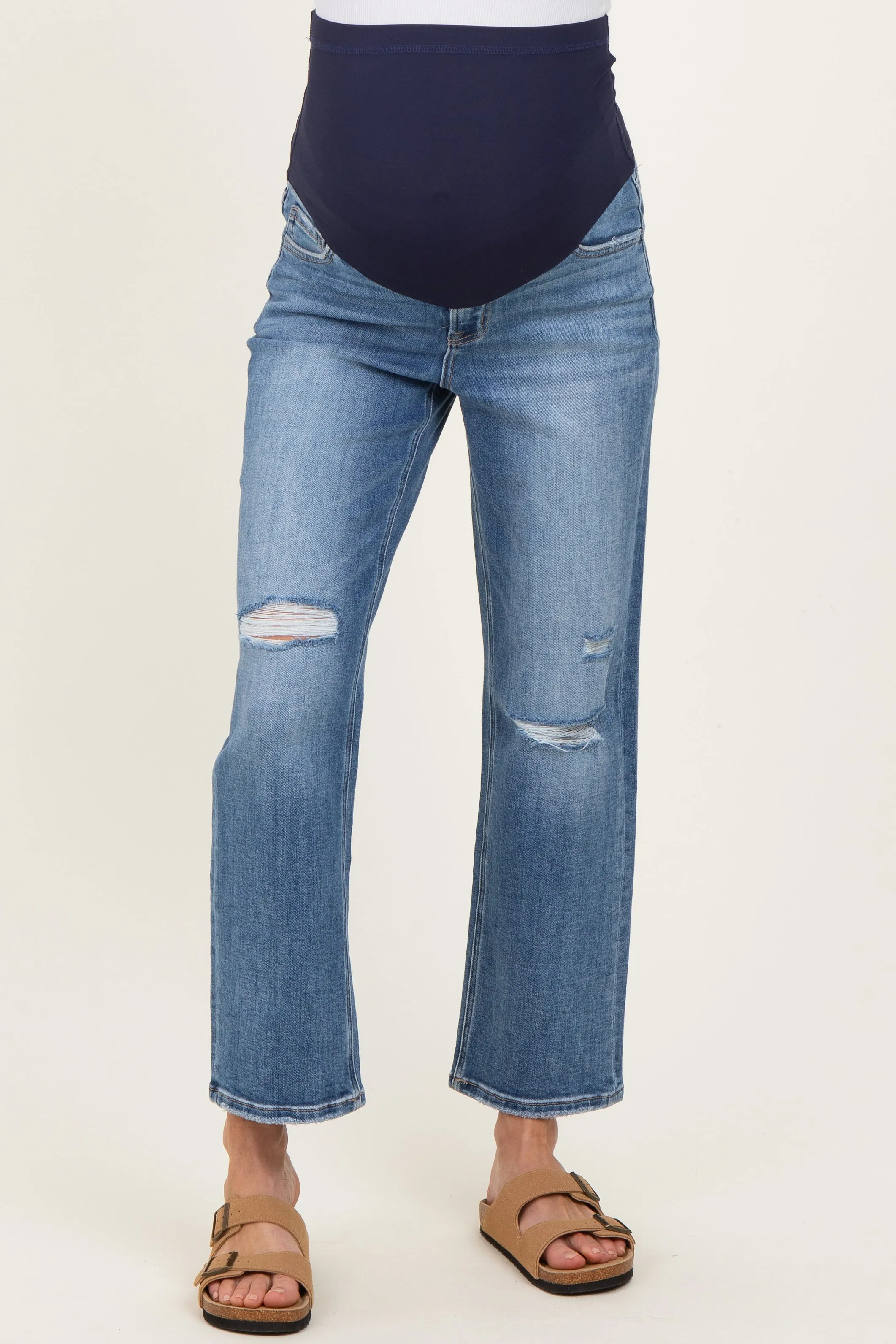Blue Distressed Open Knee Ankle Straight Leg Maternity Jeans sold by Pinkblush product image thumbnail 3