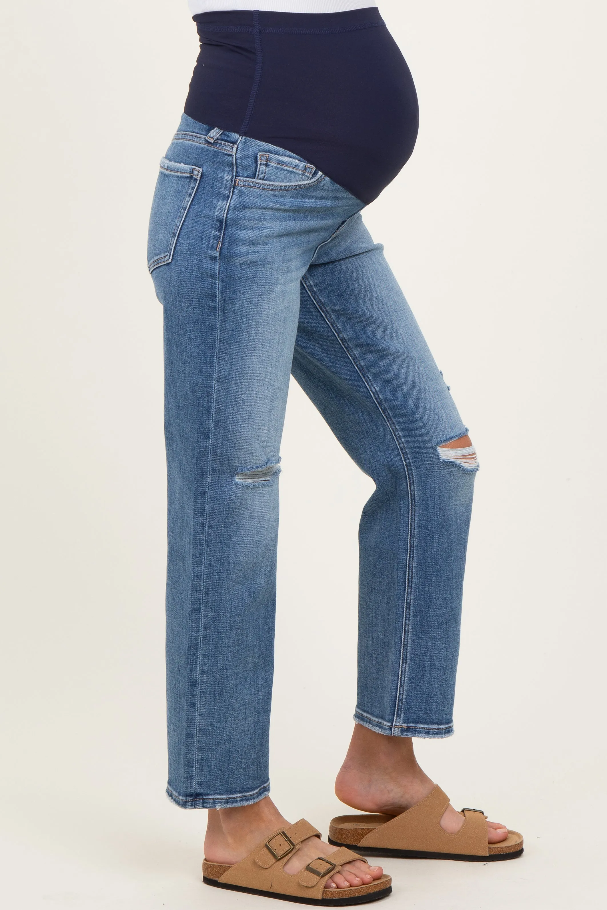 Blue Distressed Open Knee Ankle Straight Leg Maternity Jeans sold by Pinkblush product image thumbnail 4