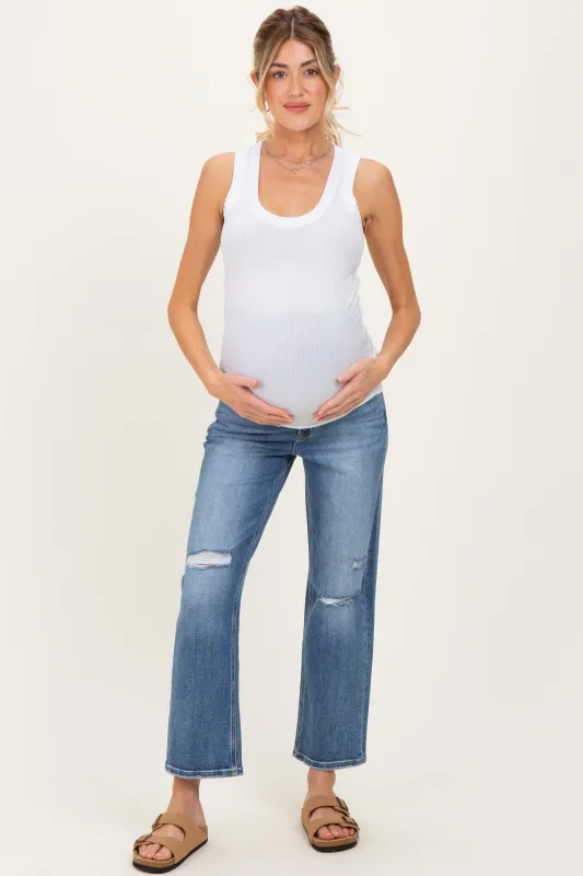Blue Distressed Open Knee Ankle Straight Leg Maternity Jeans sold by Pinkblush