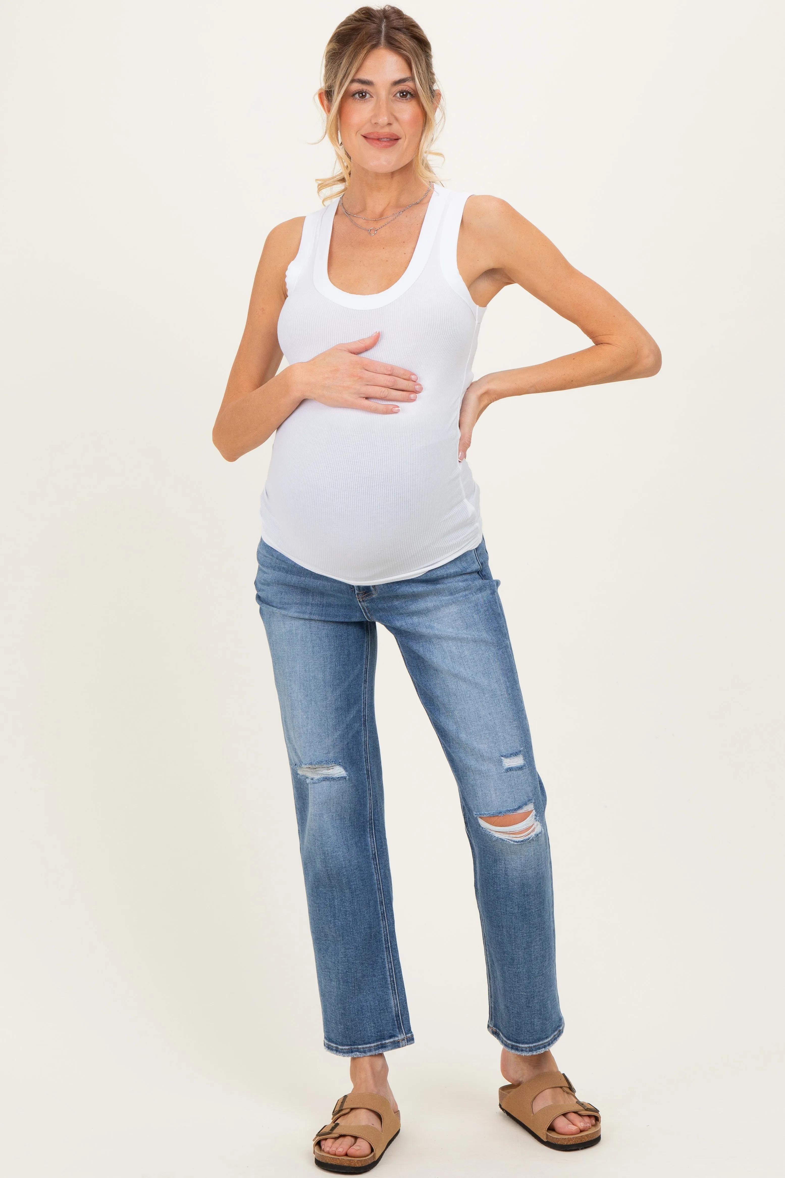Blue Distressed Open Knee Ankle Straight Leg Maternity Jeans sold by Pinkblush product image thumbnail 2