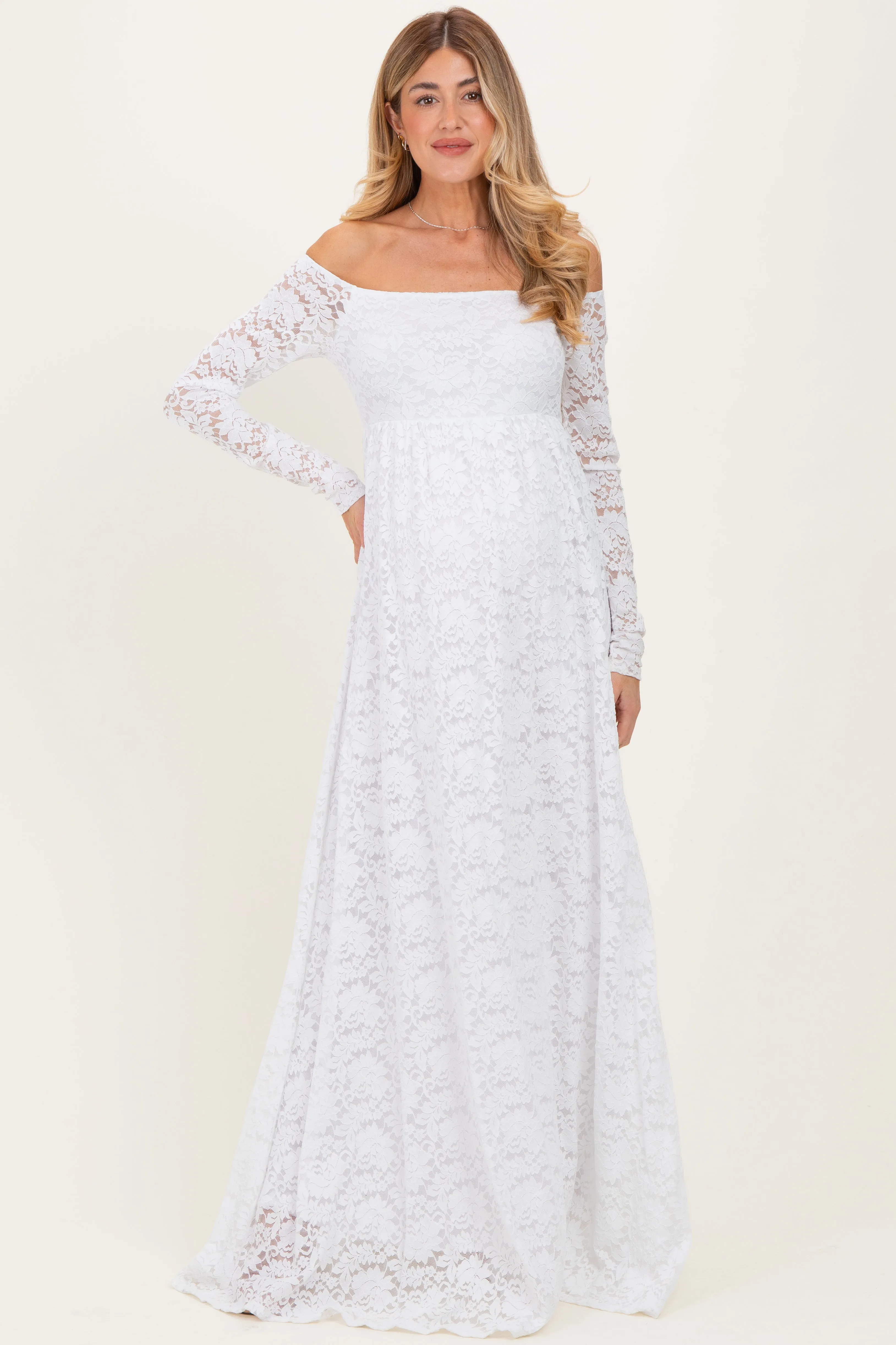 White Floral Lace Long Sleeve Off Shoulder Maternity Maxi Dress sold by Pinkblush product image thumbnail 2