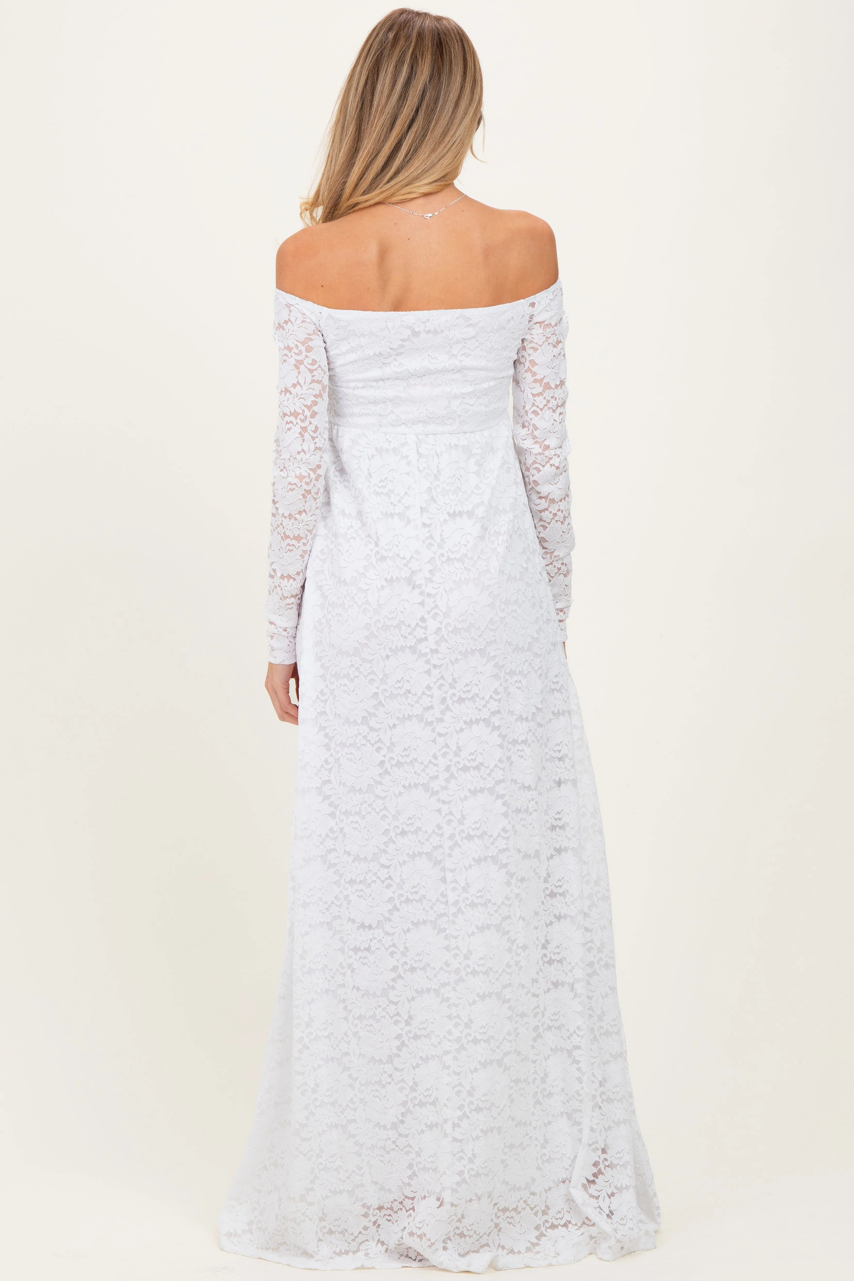 White Floral Lace Long Sleeve Off Shoulder Maternity Maxi Dress sold by Pinkblush product image thumbnail 4