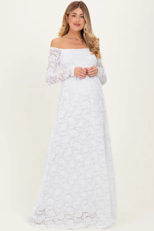 White Floral Lace Long Sleeve Off Shoulder Maternity Maxi Dress sold by Pinkblush