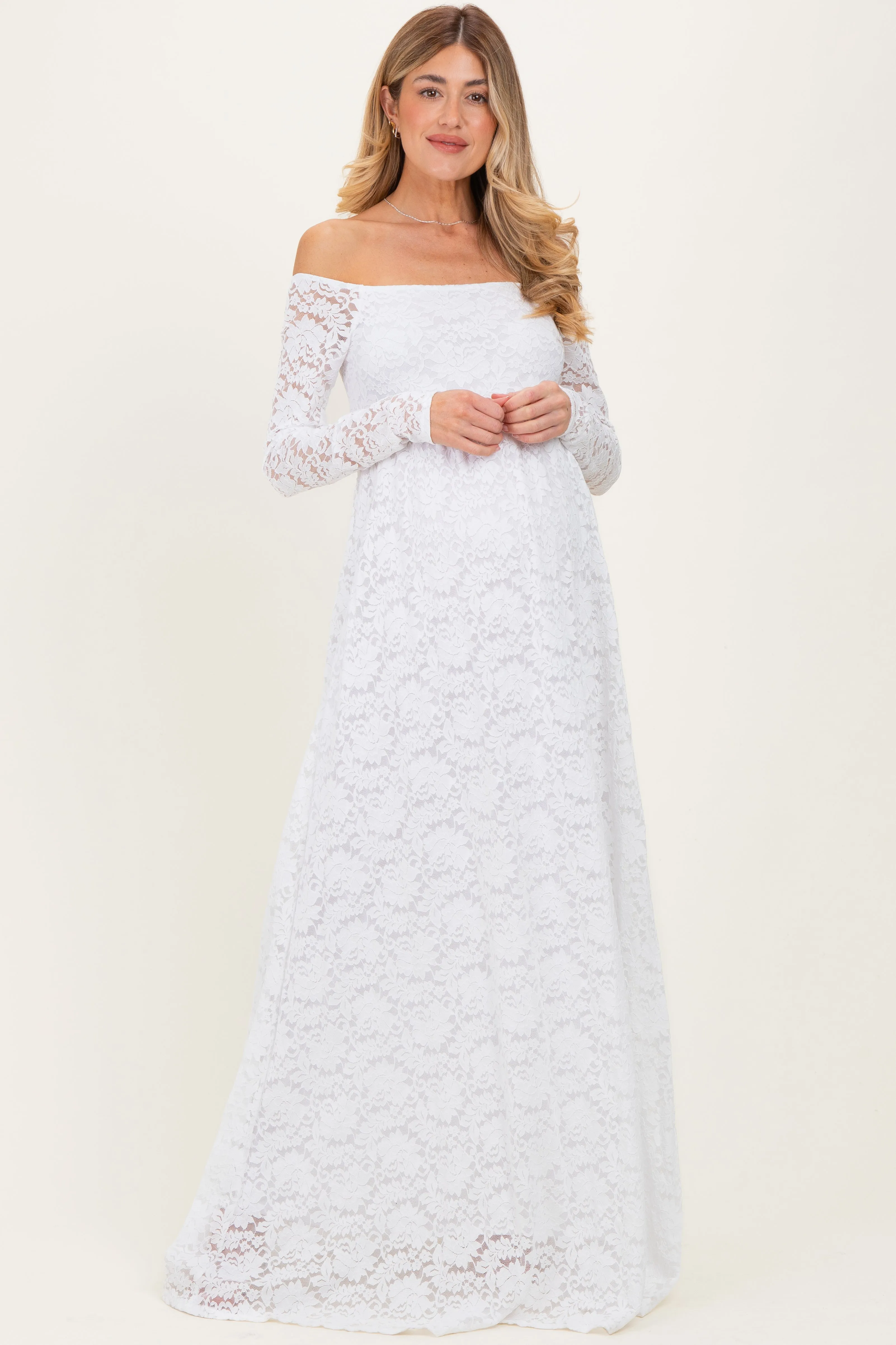 White Floral Lace Long Sleeve Off Shoulder Maternity Maxi Dress sold by Pinkblush