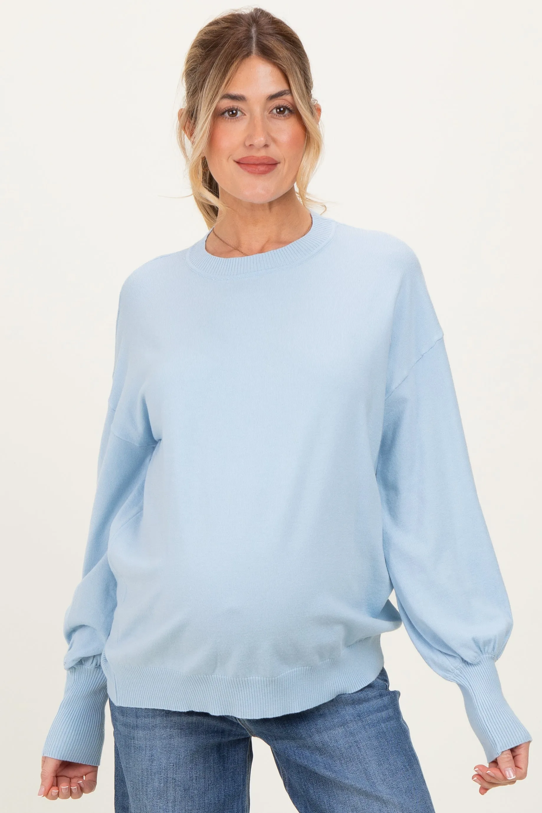 Blue Fine Knit Balloon Sleeve Maternity Sweater sold by Pinkblush