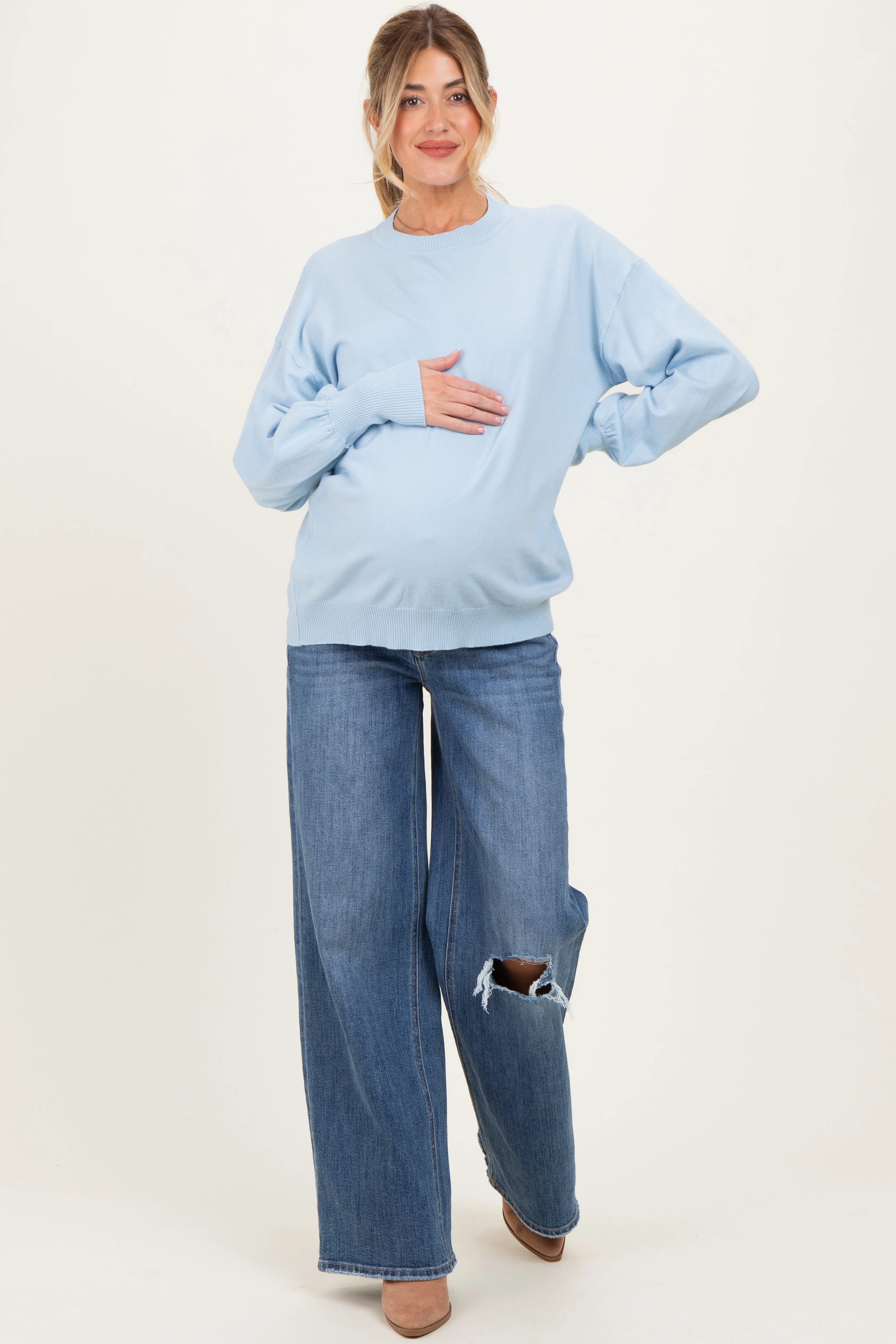 Blue Fine Knit Balloon Sleeve Maternity Sweater sold by Pinkblush product image thumbnail 2