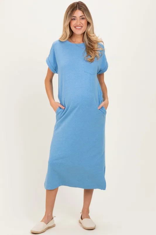 Dusty Blue Pocket Front Maternity Midi T-Shirt Dress made by Zenana Outfitters