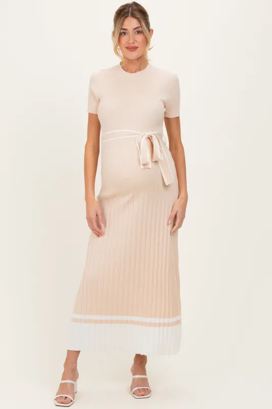 Beige Knit Pleated Sash Tie Maternity Midi Dress sold by Pinkblush
