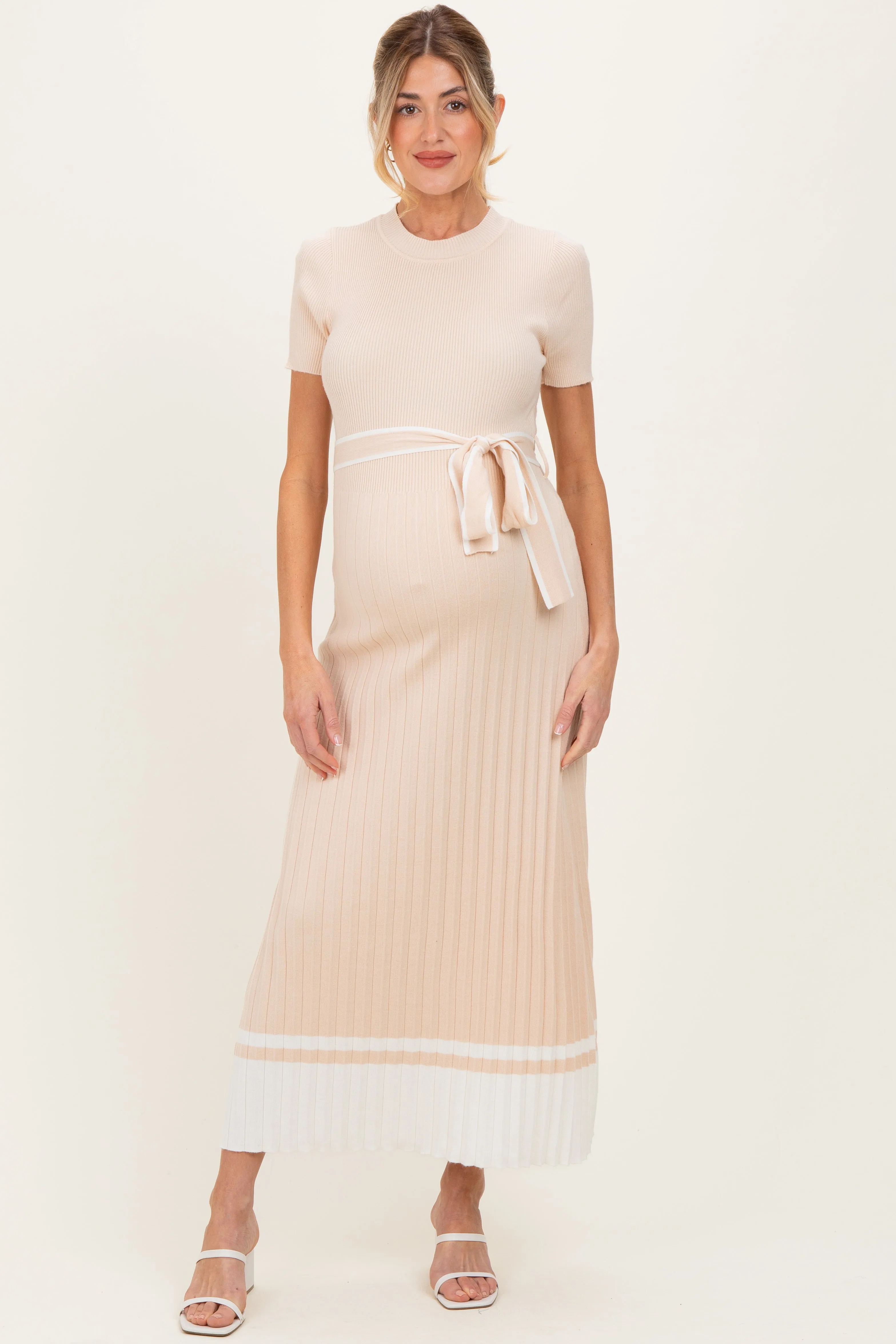 Beige Knit Pleated Sash Tie Maternity Midi Dress sold by Pinkblush