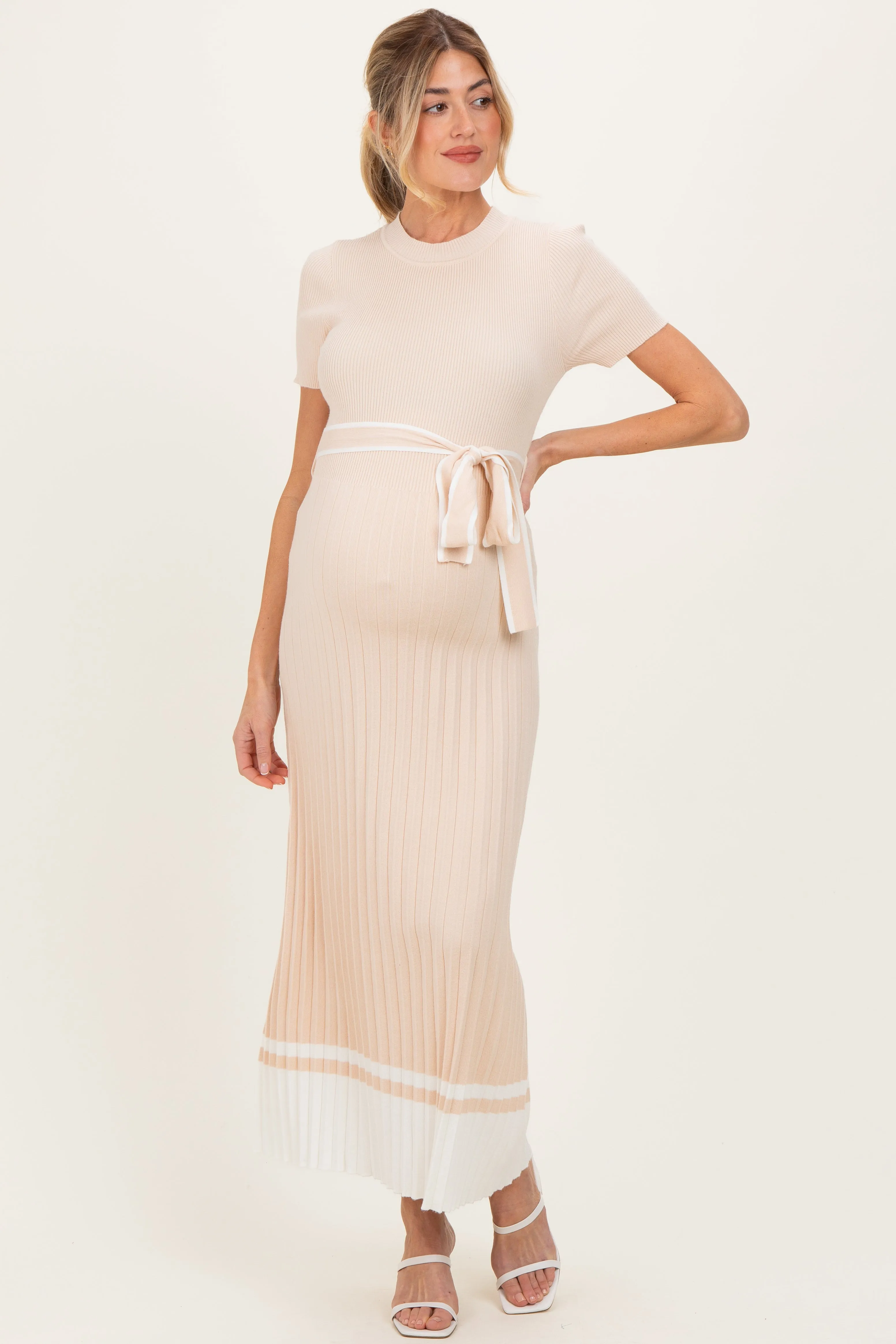 Beige Knit Pleated Sash Tie Maternity Midi Dress sold by Pinkblush product image thumbnail 2