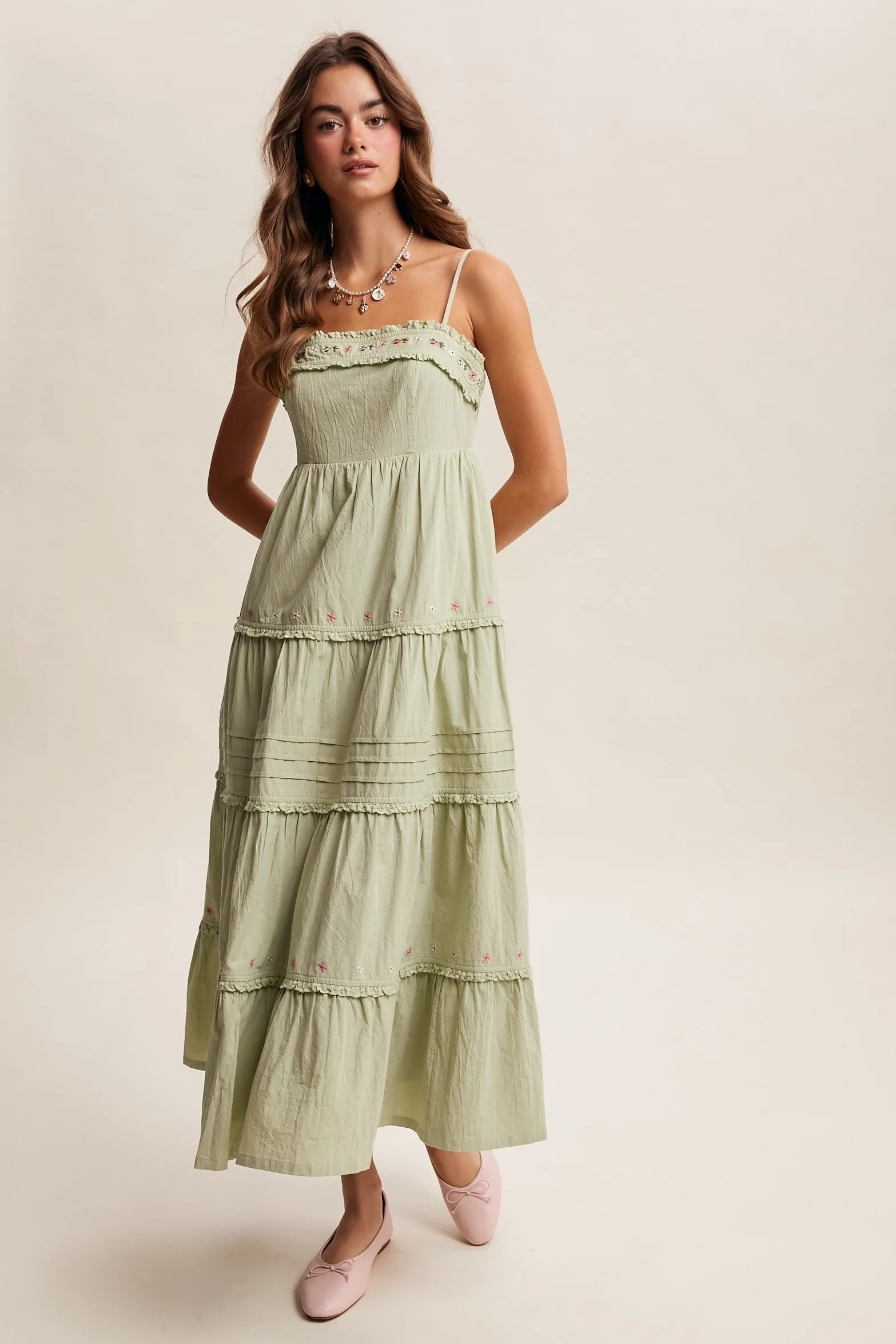 Sage Embroidered Ruffle Tiered Maxi Dress sold by Pinkblush