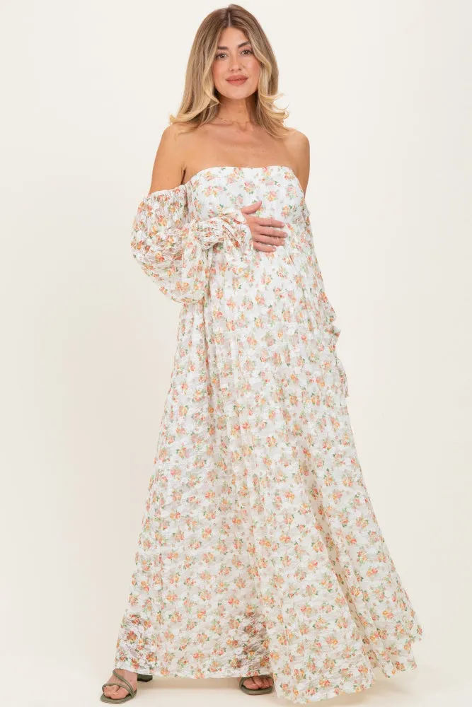 Orange Floral Lace Smocked Long Sleeve Off Shoulder Maternity Maxi Dress sold by Pinkblush product image thumbnail 3