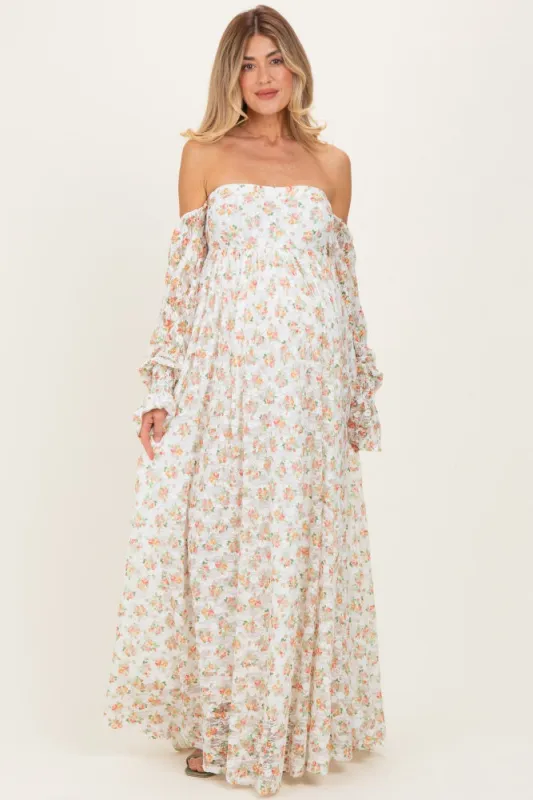 Orange Floral Lace Smocked Long Sleeve Off Shoulder Maternity Maxi Dress sold by Pinkblush