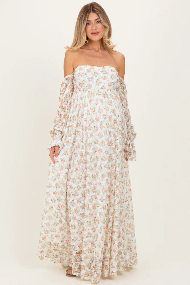 Orange Floral Lace Smocked Long Sleeve Off Shoulder Maternity Maxi Dress sold by Pinkblush