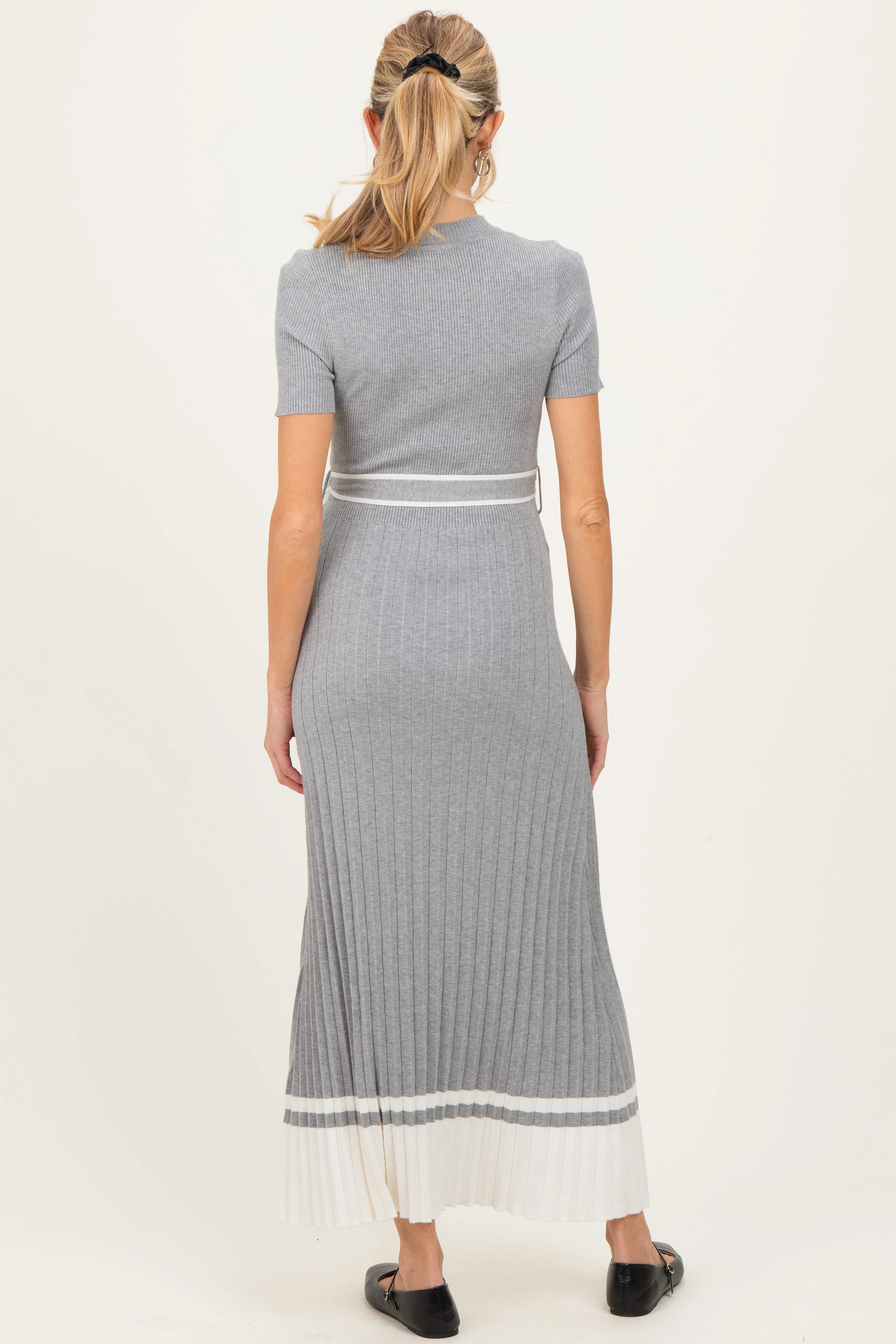 Heather Grey Knit Pleated Sash Tie Maternity Midi Dress sold by Pinkblush product image thumbnail 4