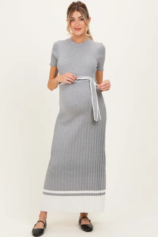 Heather Grey Knit Pleated Sash Tie Maternity Midi Dress sold by Pinkblush