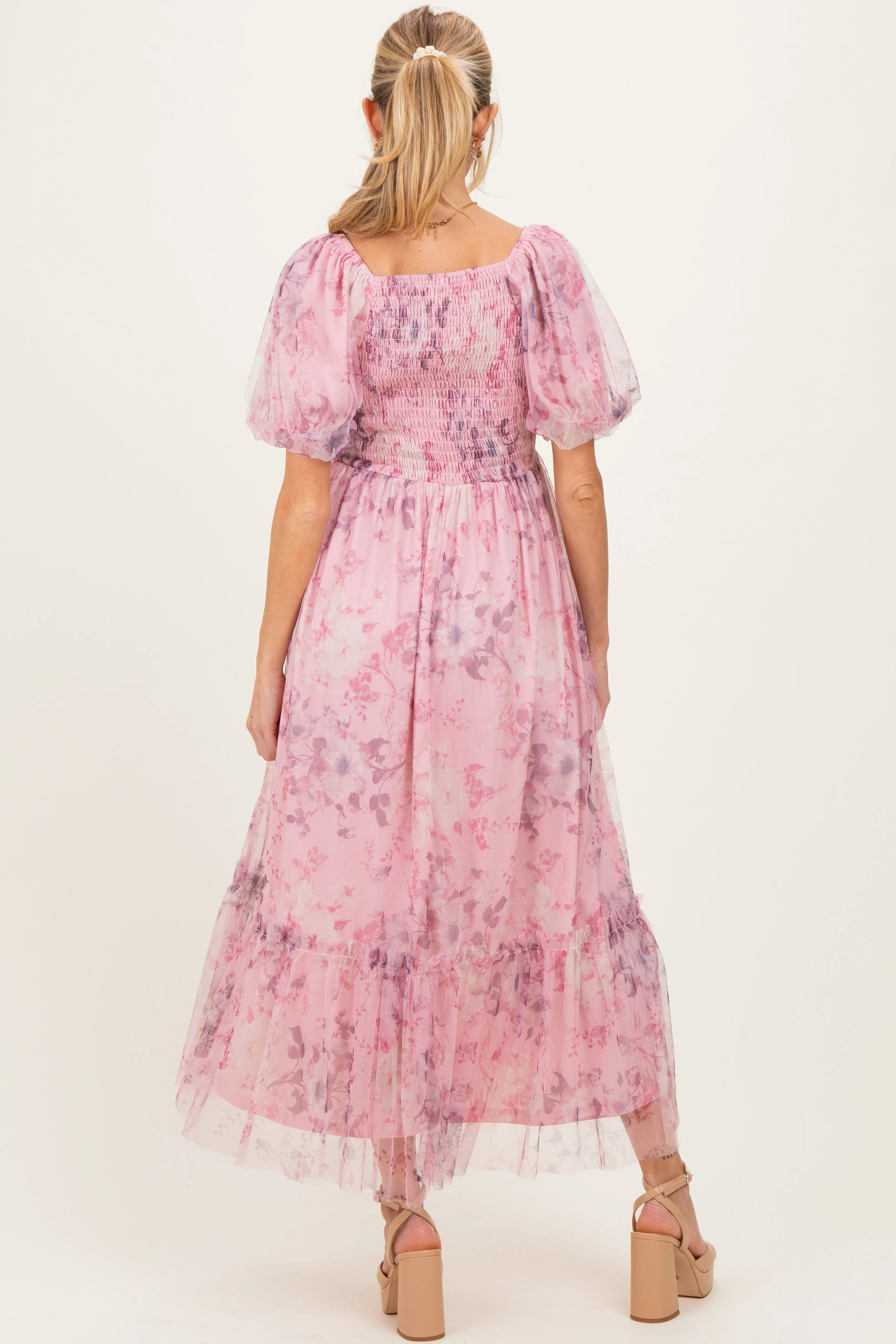 Pink Floral Printed Tulle Puff Sleeve Maternity Midi Dress sold by Pinkblush product image thumbnail 4