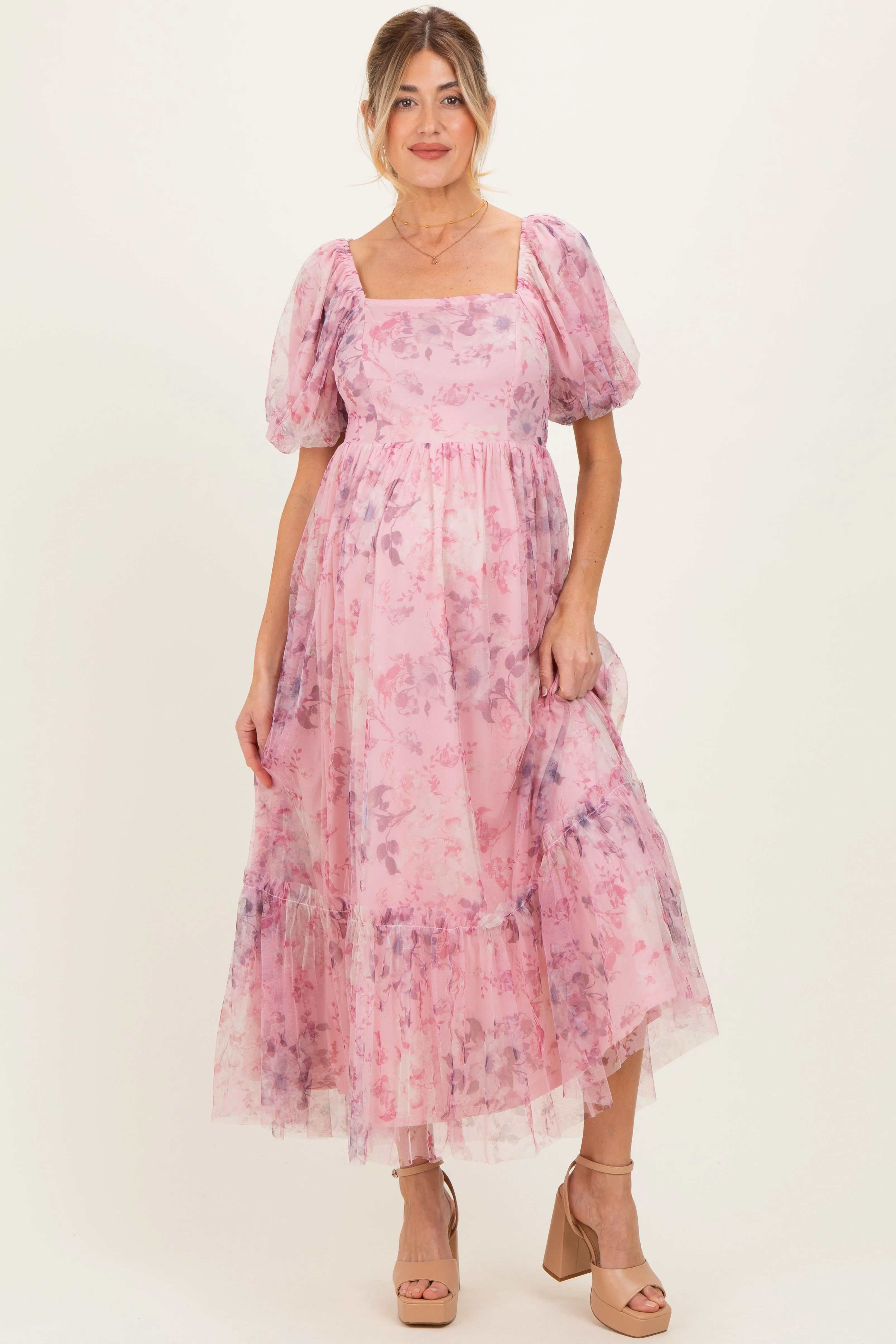 Pink Floral Printed Tulle Puff Sleeve Maternity Midi Dress sold by Pinkblush