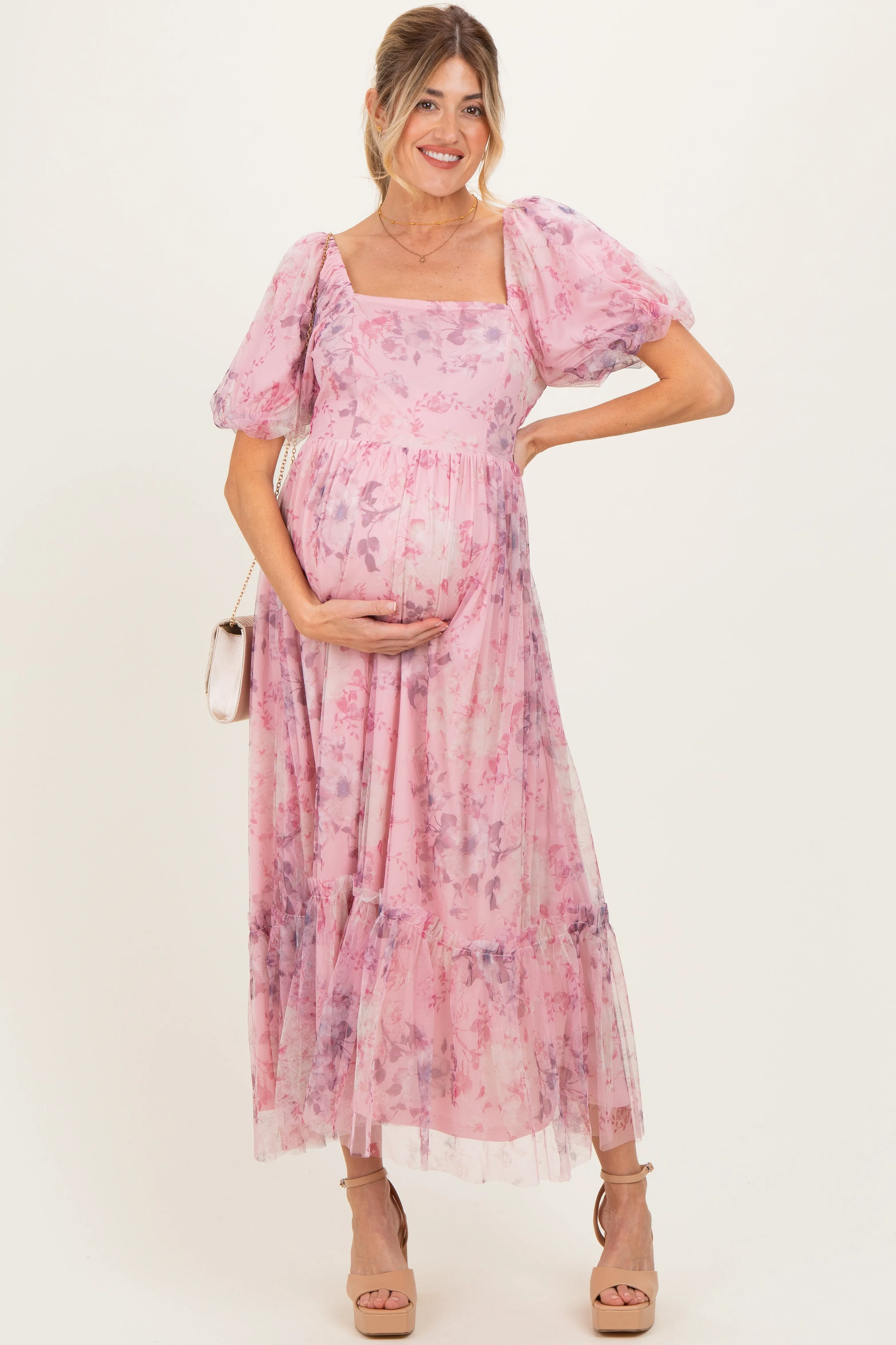 Pink Floral Printed Tulle Puff Sleeve Maternity Midi Dress sold by Pinkblush product image thumbnail 2