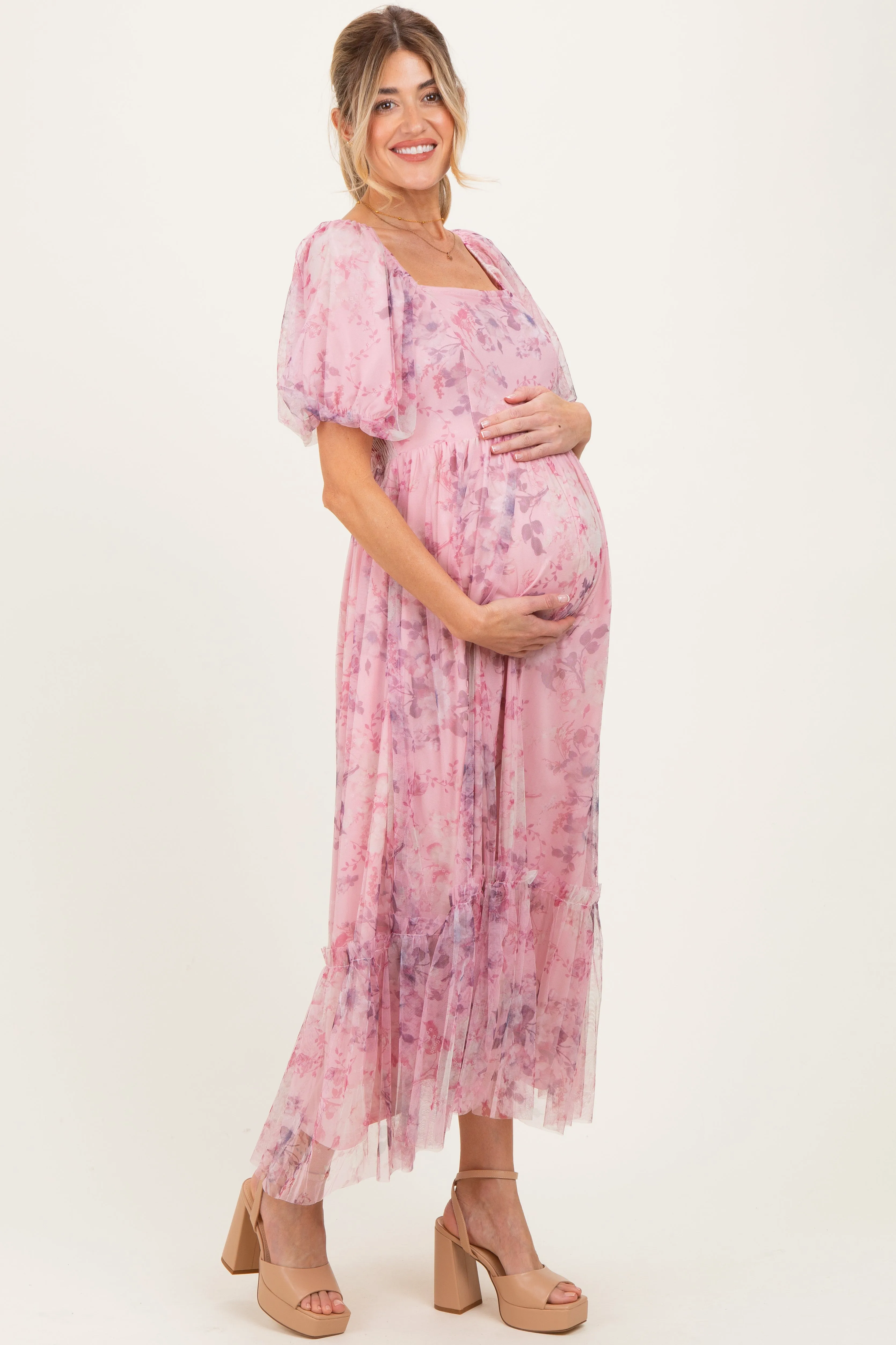 Pink Floral Printed Tulle Puff Sleeve Maternity Midi Dress sold by Pinkblush product image thumbnail 3