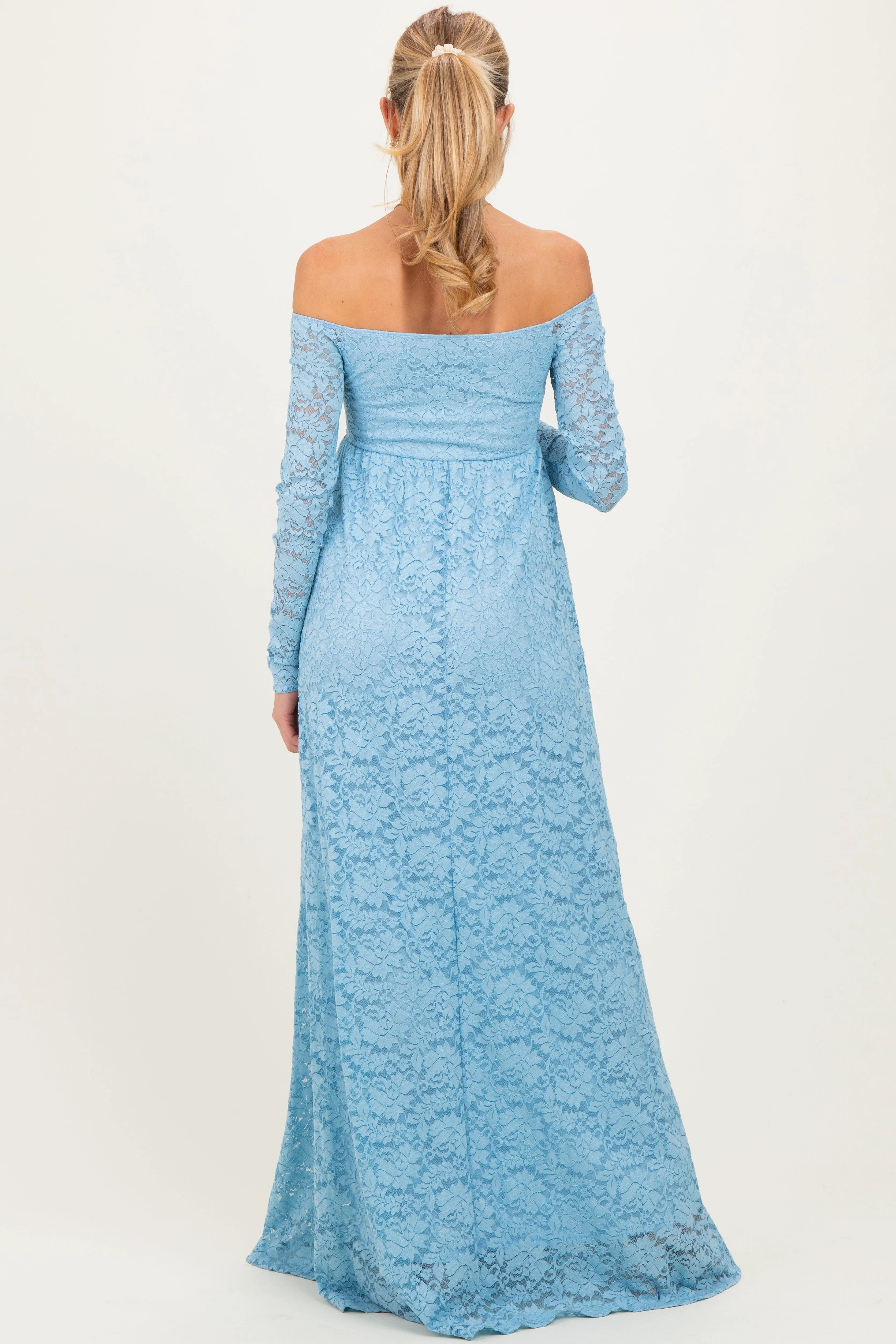 Light Blue Floral Lace Long Sleeve Off Shoulder Maternity Maxi Dress sold by Pinkblush product image thumbnail 4