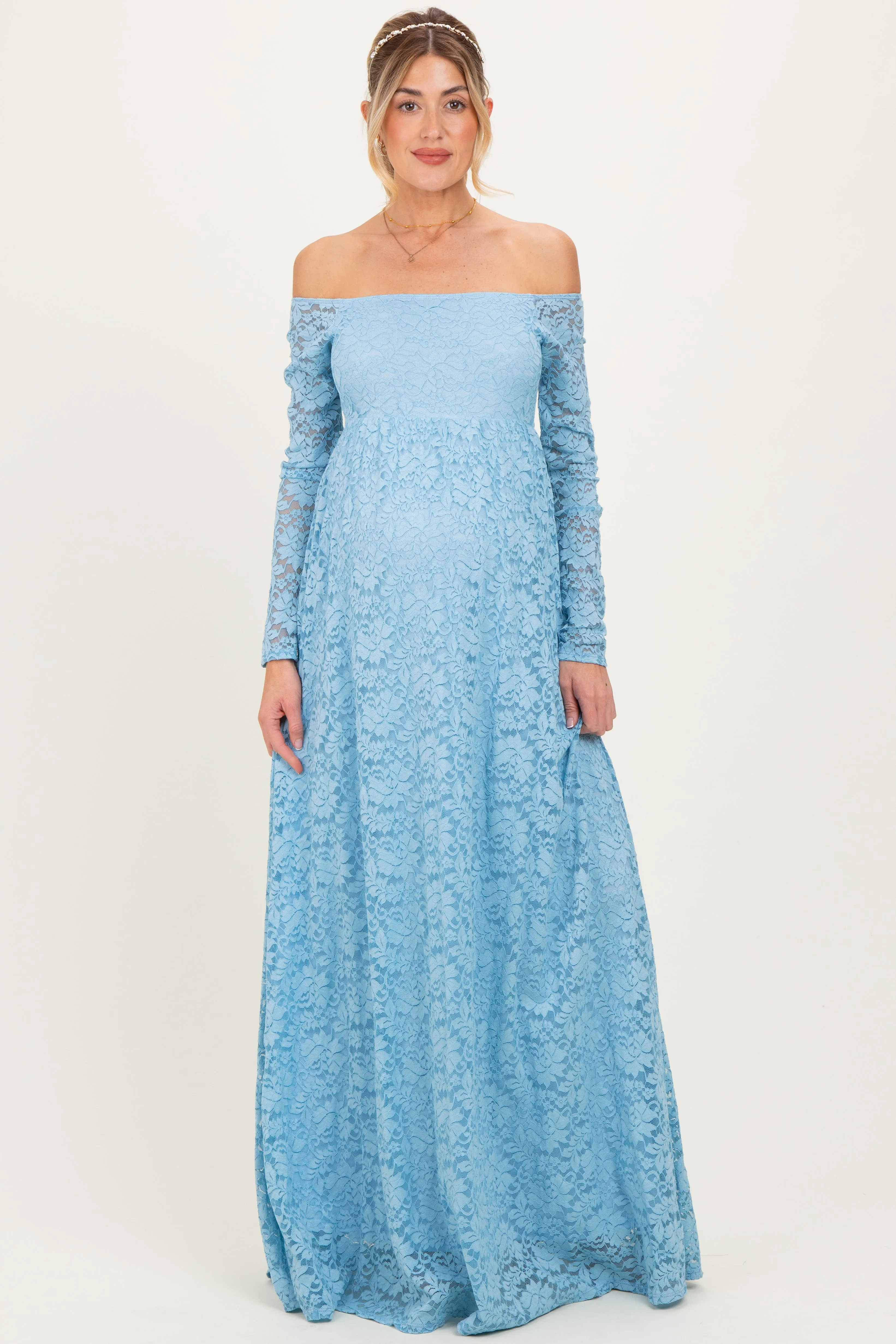 Light Blue Floral Lace Long Sleeve Off Shoulder Maternity Maxi Dress sold by Pinkblush