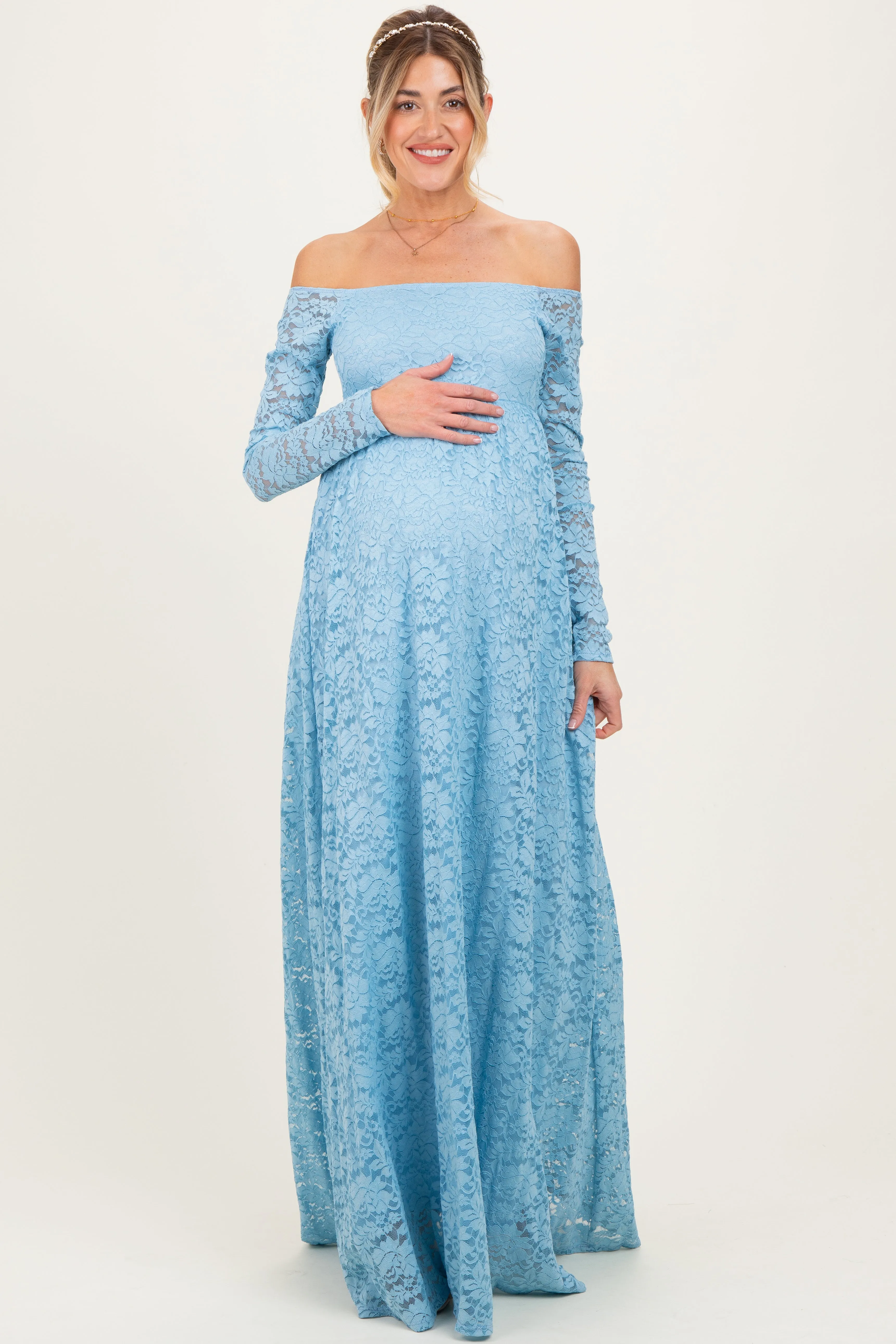 Light Blue Floral Lace Long Sleeve Off Shoulder Maternity Maxi Dress sold by Pinkblush product image thumbnail 2