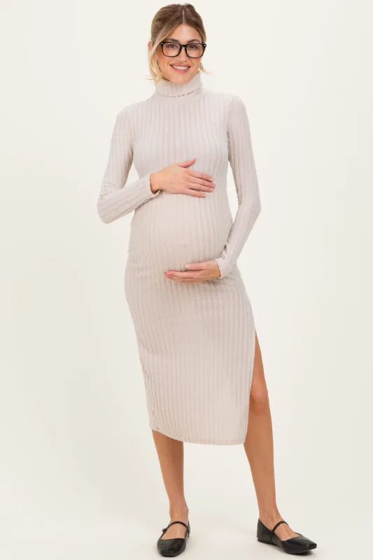 Beige Ribbed Knit Turtleneck Side Slit Maternity Dress sold by Pinkblush