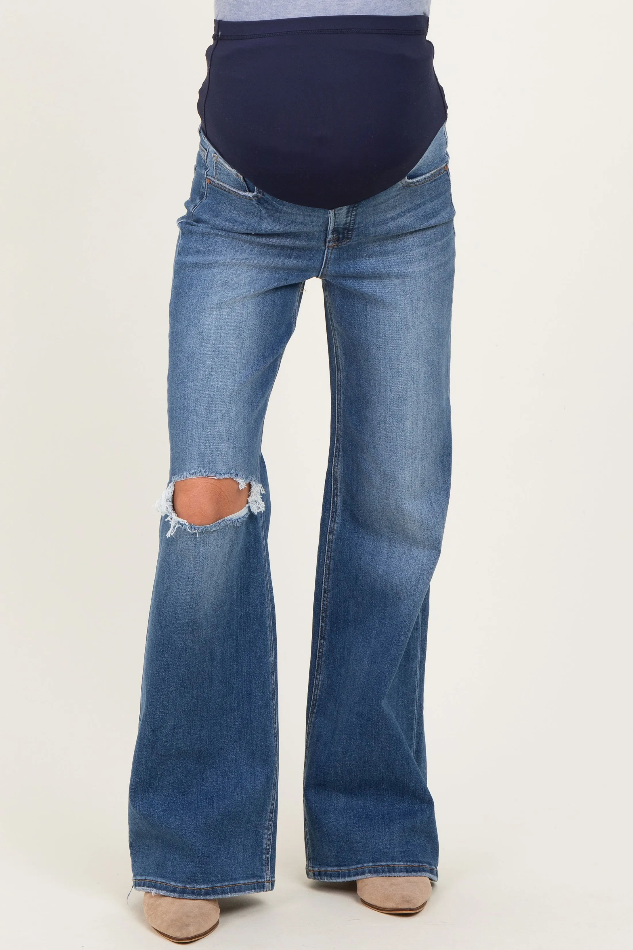 Navy Distressed Knee Wide Leg Maternity Jeans sold by Pinkblush product image thumbnail 3
