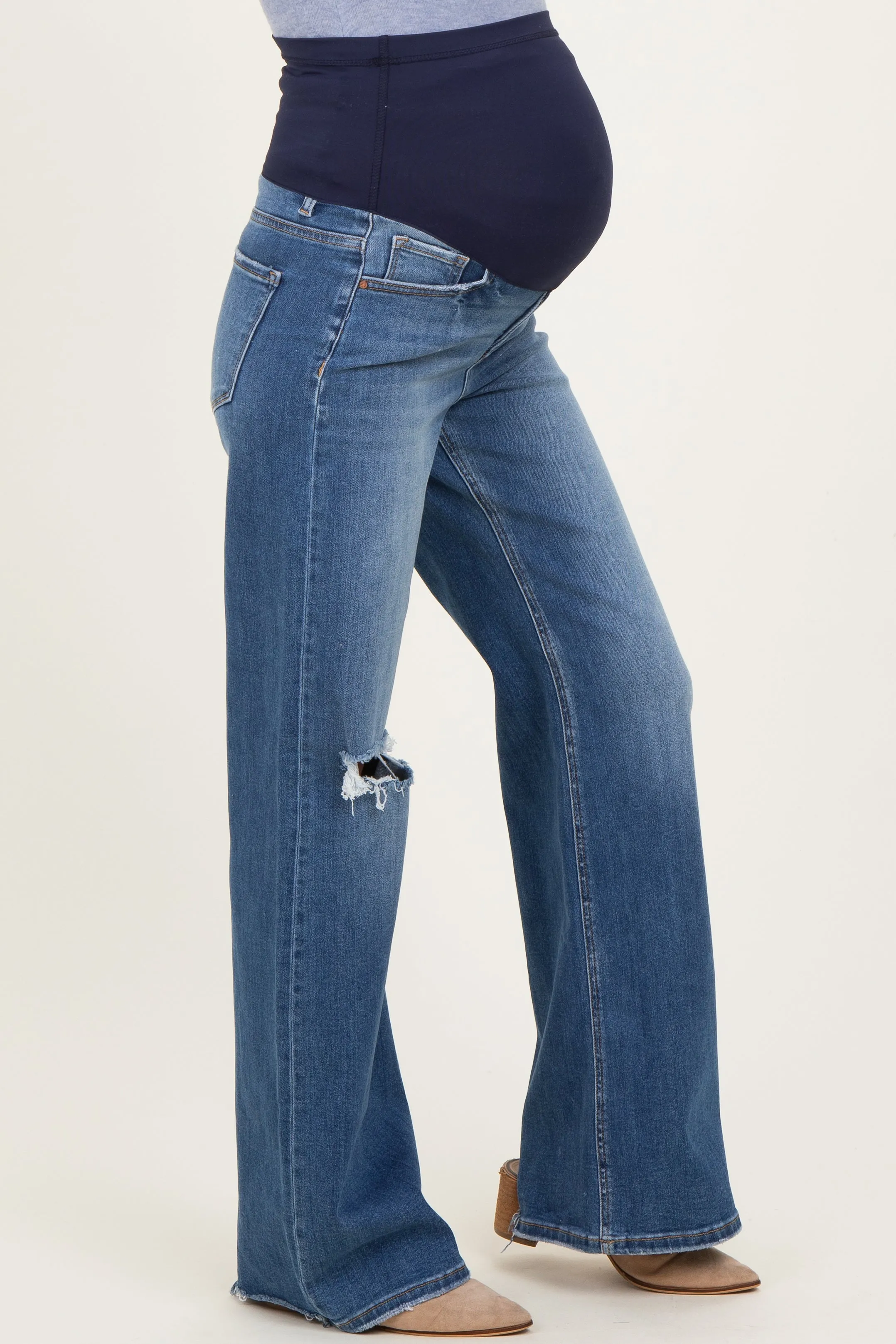 Navy Distressed Knee Wide Leg Maternity Jeans sold by Pinkblush product image thumbnail 4