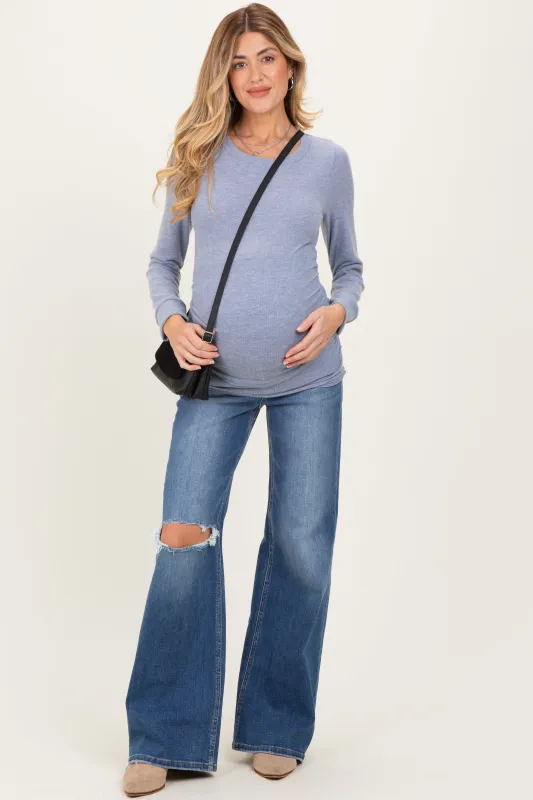 Navy Distressed Knee Wide Leg Maternity Jeans made by Risen