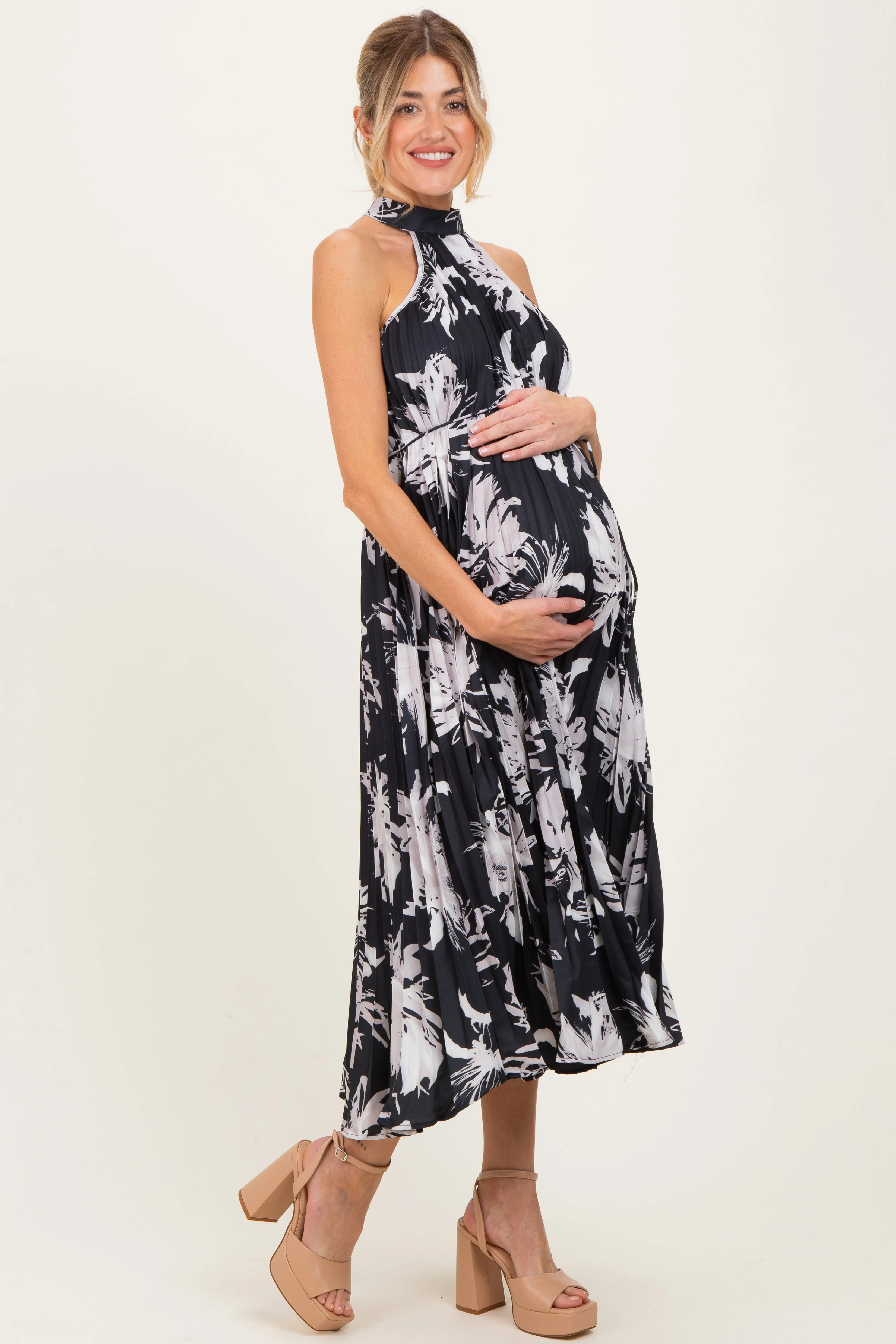 Black Floral Pleated Halter Neck Maternity Midi Dress sold by Pinkblush product image thumbnail 3