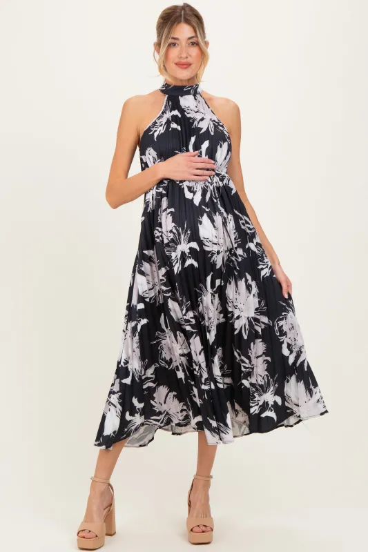 Black Floral Pleated Halter Neck Maternity Midi Dress sold by Pinkblush