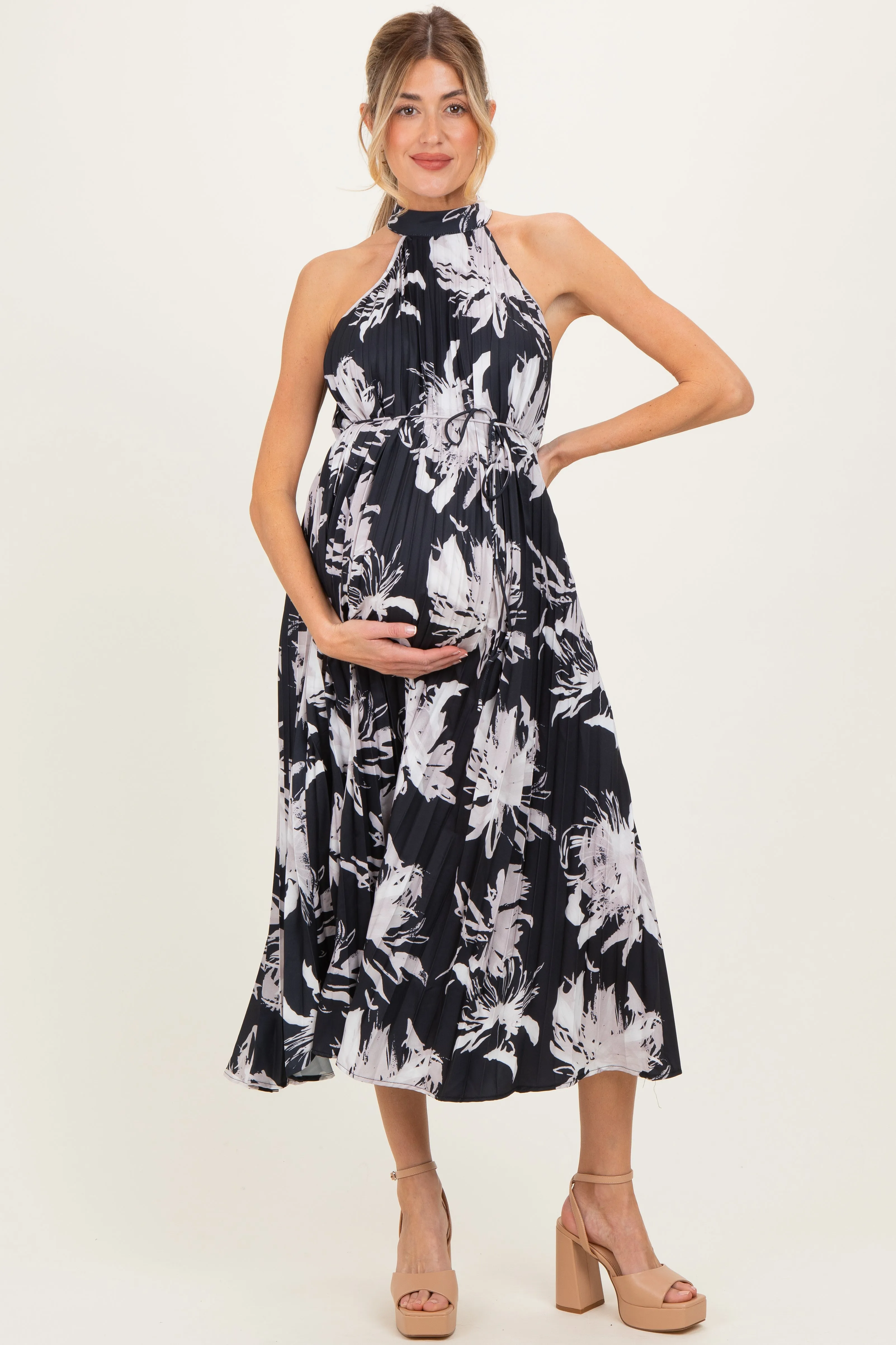 Black Floral Pleated Halter Neck Maternity Midi Dress sold by Pinkblush product image thumbnail 2